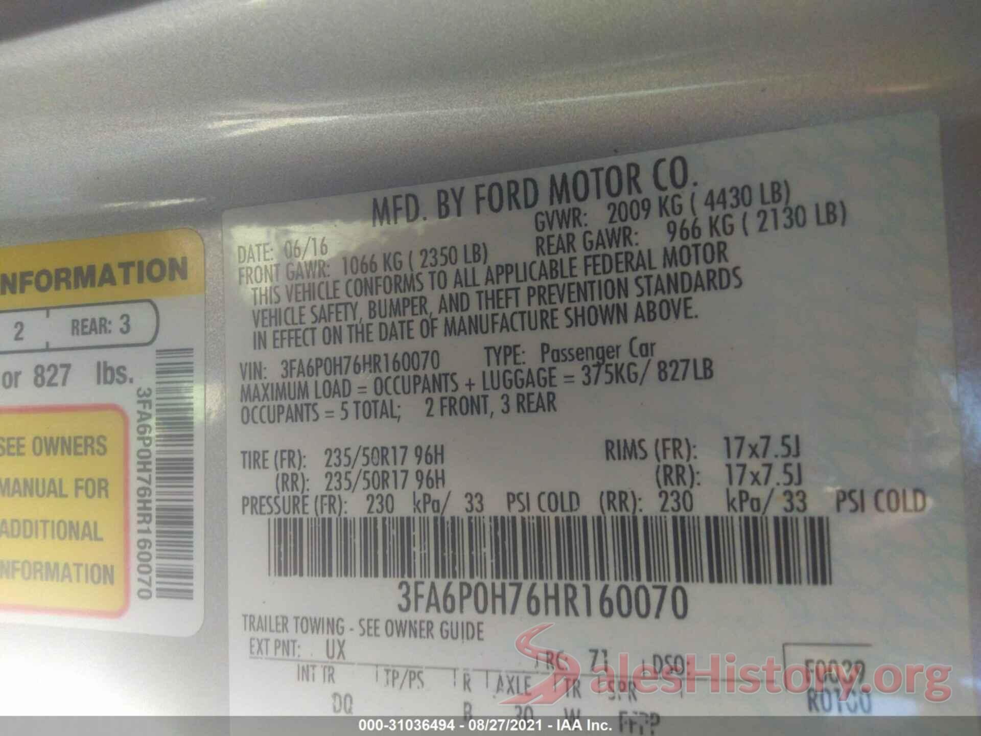 3FA6P0H76HR160070 2017 FORD FUSION