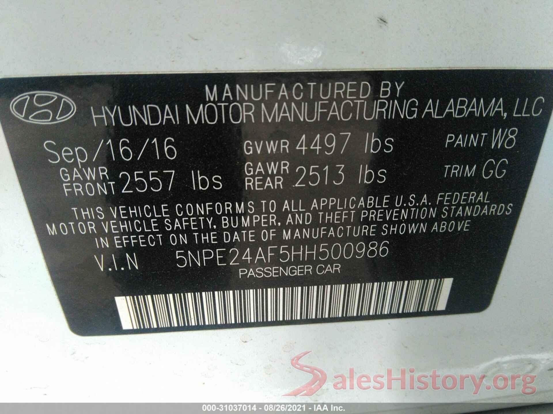 5NPE24AF5HH500986 2017 HYUNDAI SONATA