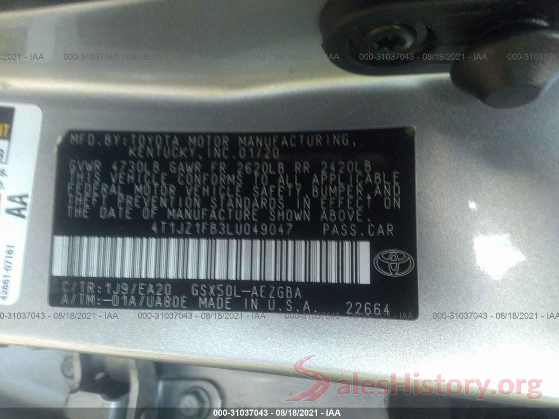 4T1JZ1FB3LU049047 2020 TOYOTA AVALON