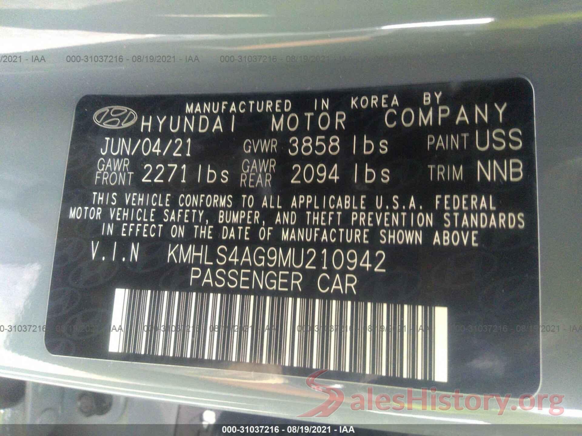 KMHLS4AG9MU210942 2021 HYUNDAI ELANTRA