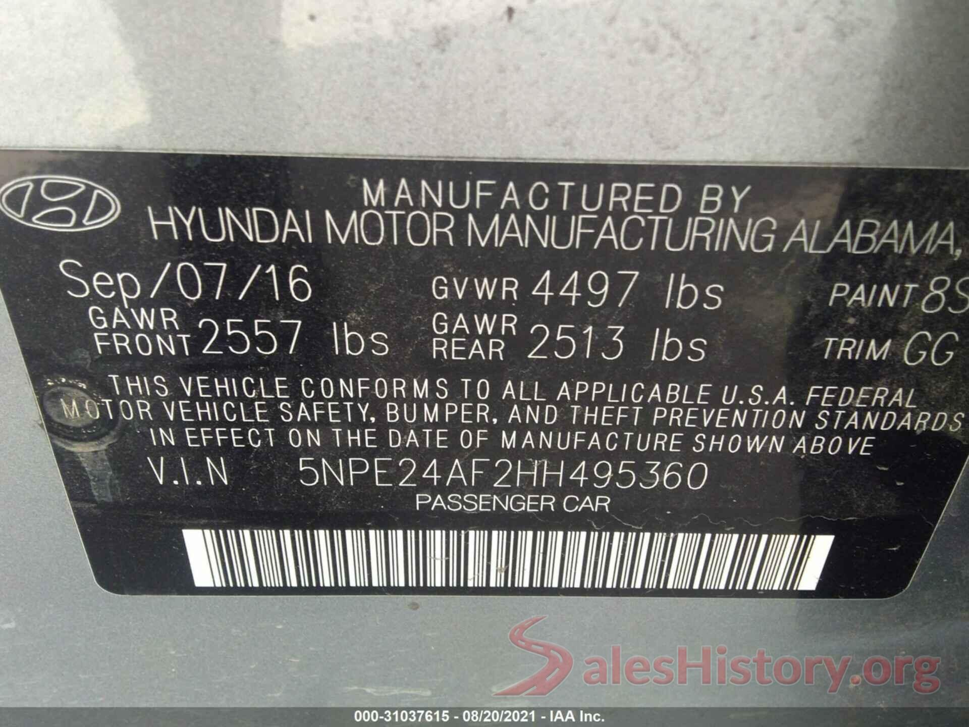 5NPE24AF2HH495360 2017 HYUNDAI SONATA