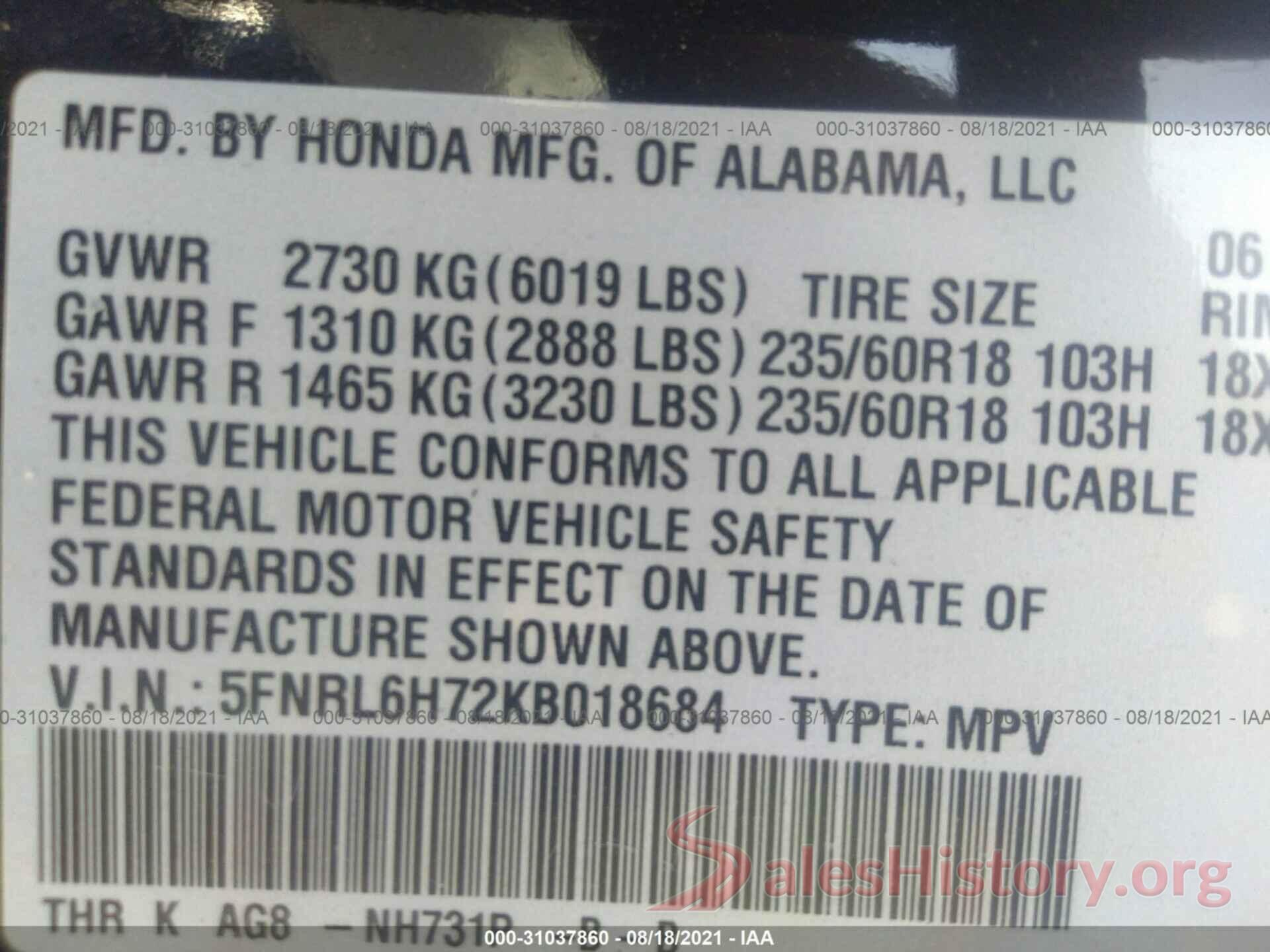 5FNRL6H72KB018684 2019 HONDA ODYSSEY