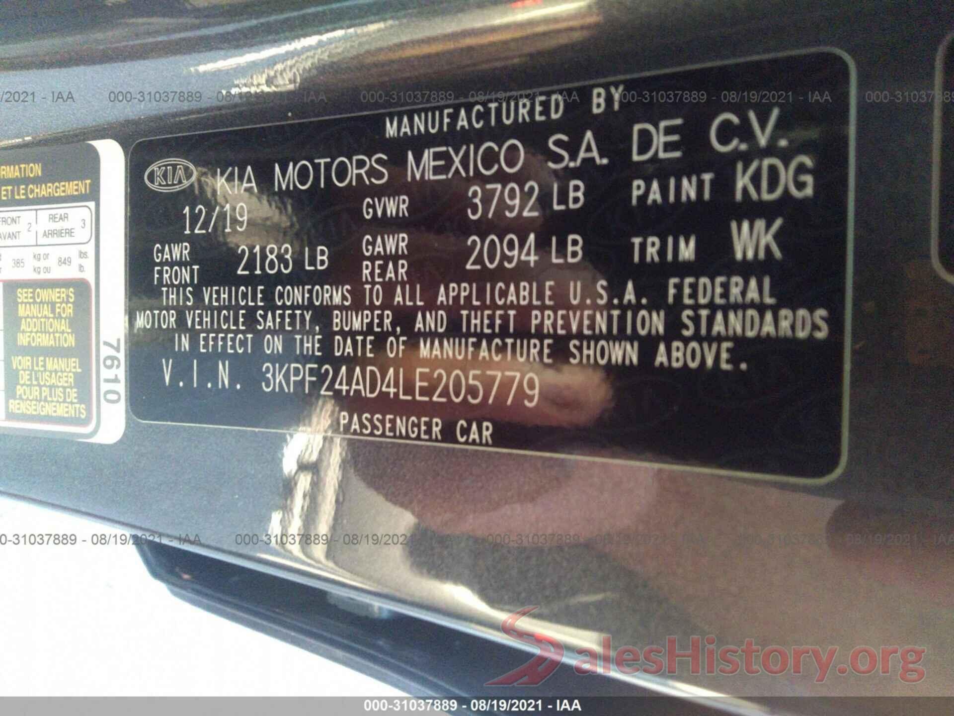 3KPF24AD4LE205779 2020 KIA FORTE