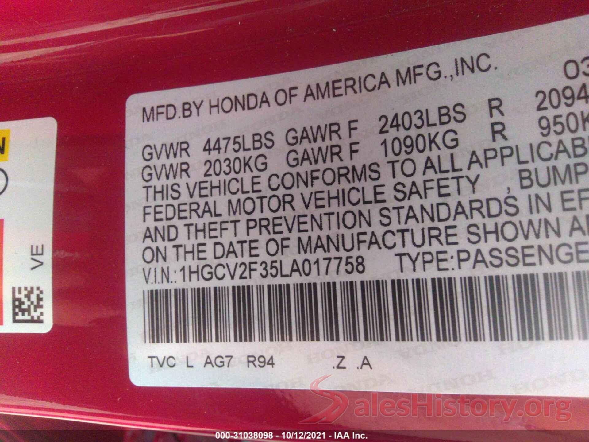 1HGCV2F35LA017758 2020 HONDA ACCORD SEDAN