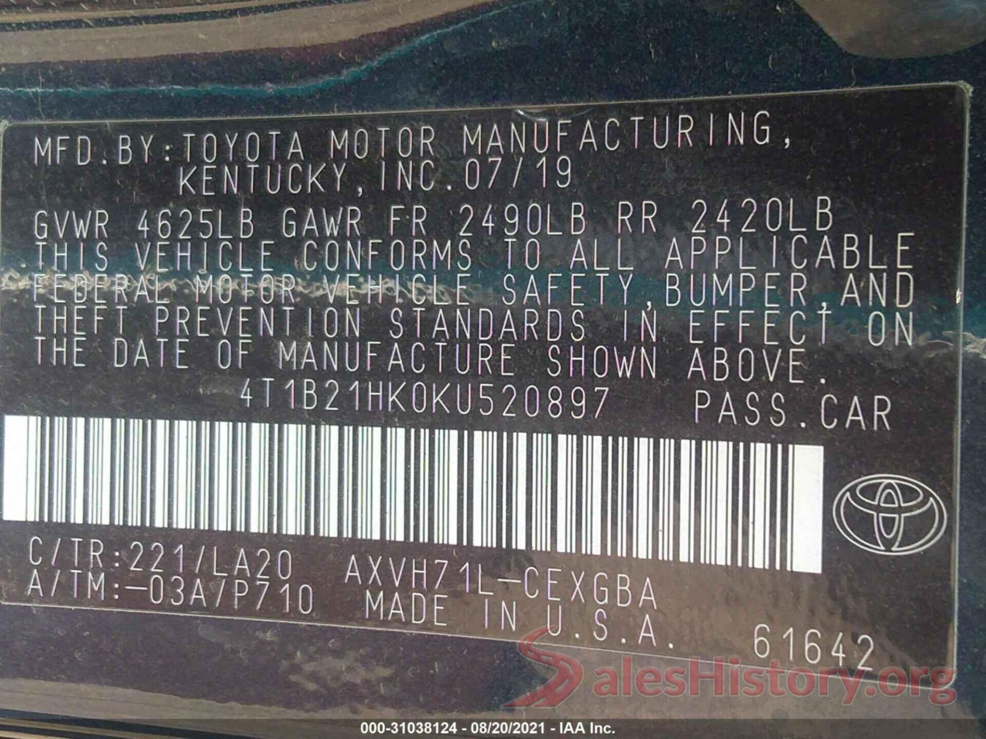 4T1B21HK0KU520897 2019 TOYOTA CAMRY