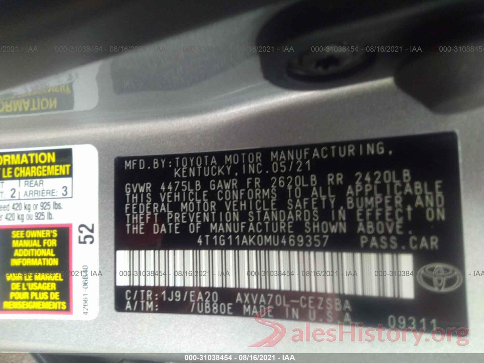 4T1G11AK0MU469357 2021 TOYOTA CAMRY