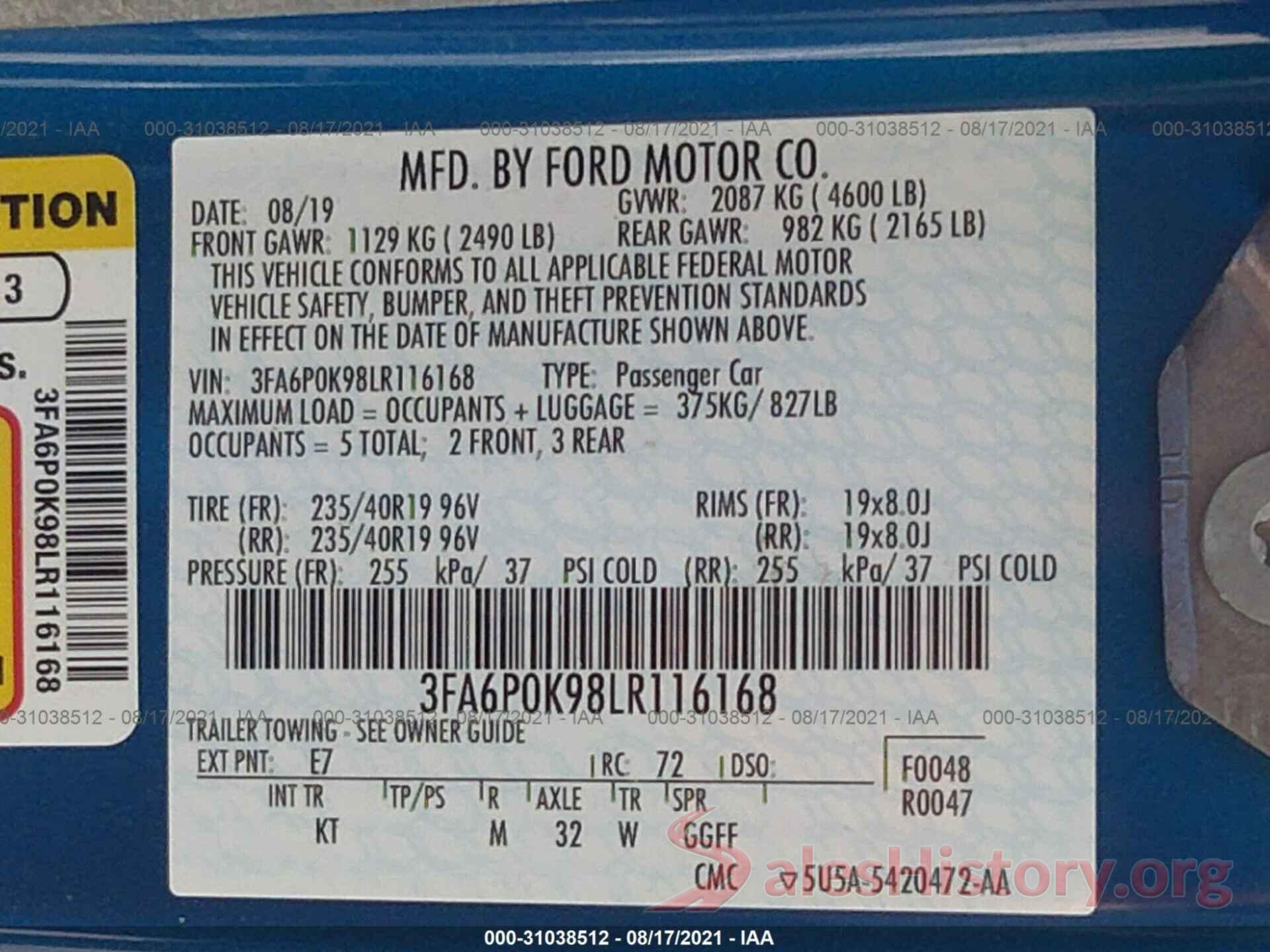 3FA6P0K98LR116168 2020 FORD FUSION