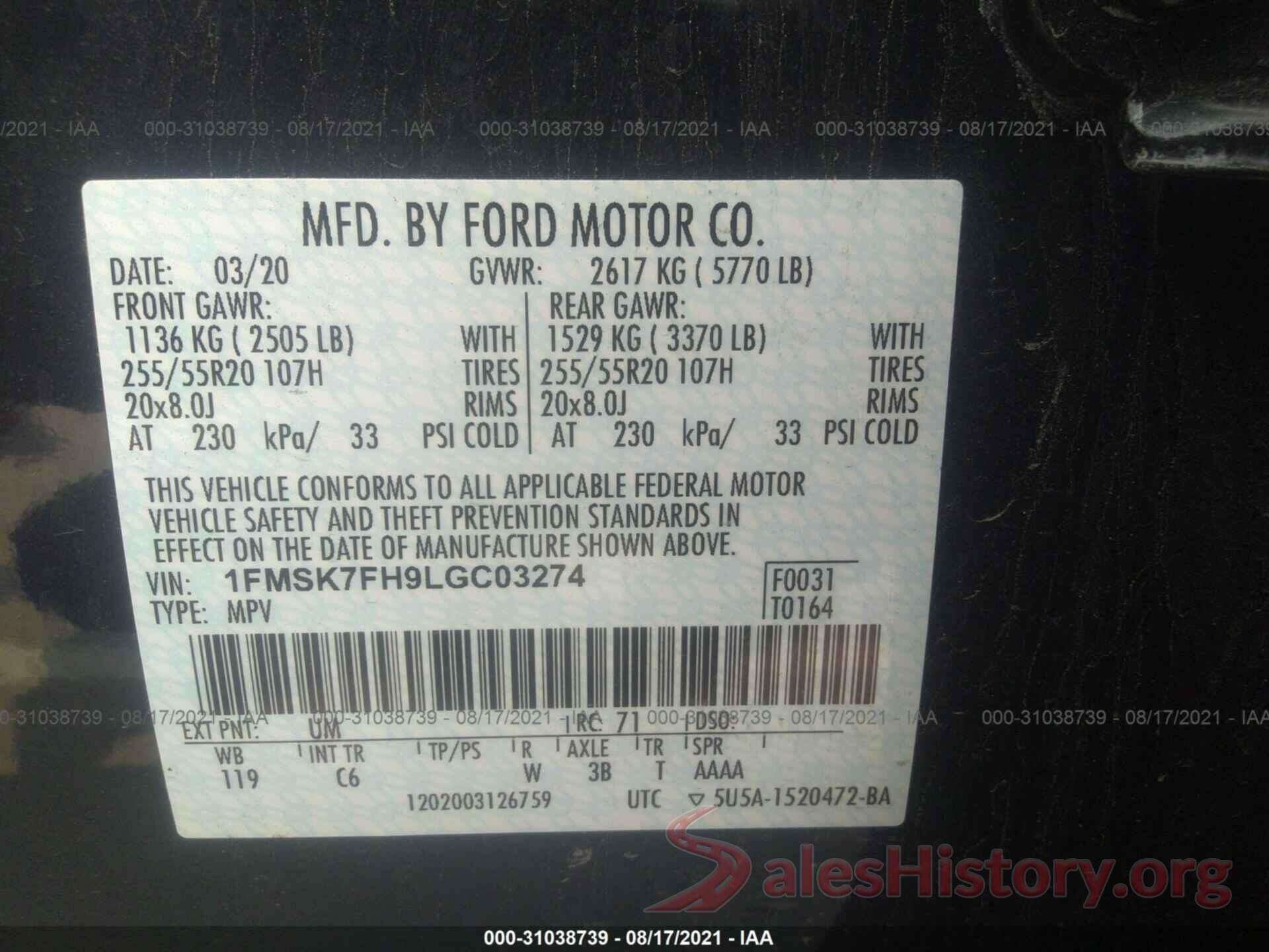 1FMSK7FH9LGC03274 2020 FORD EXPLORER