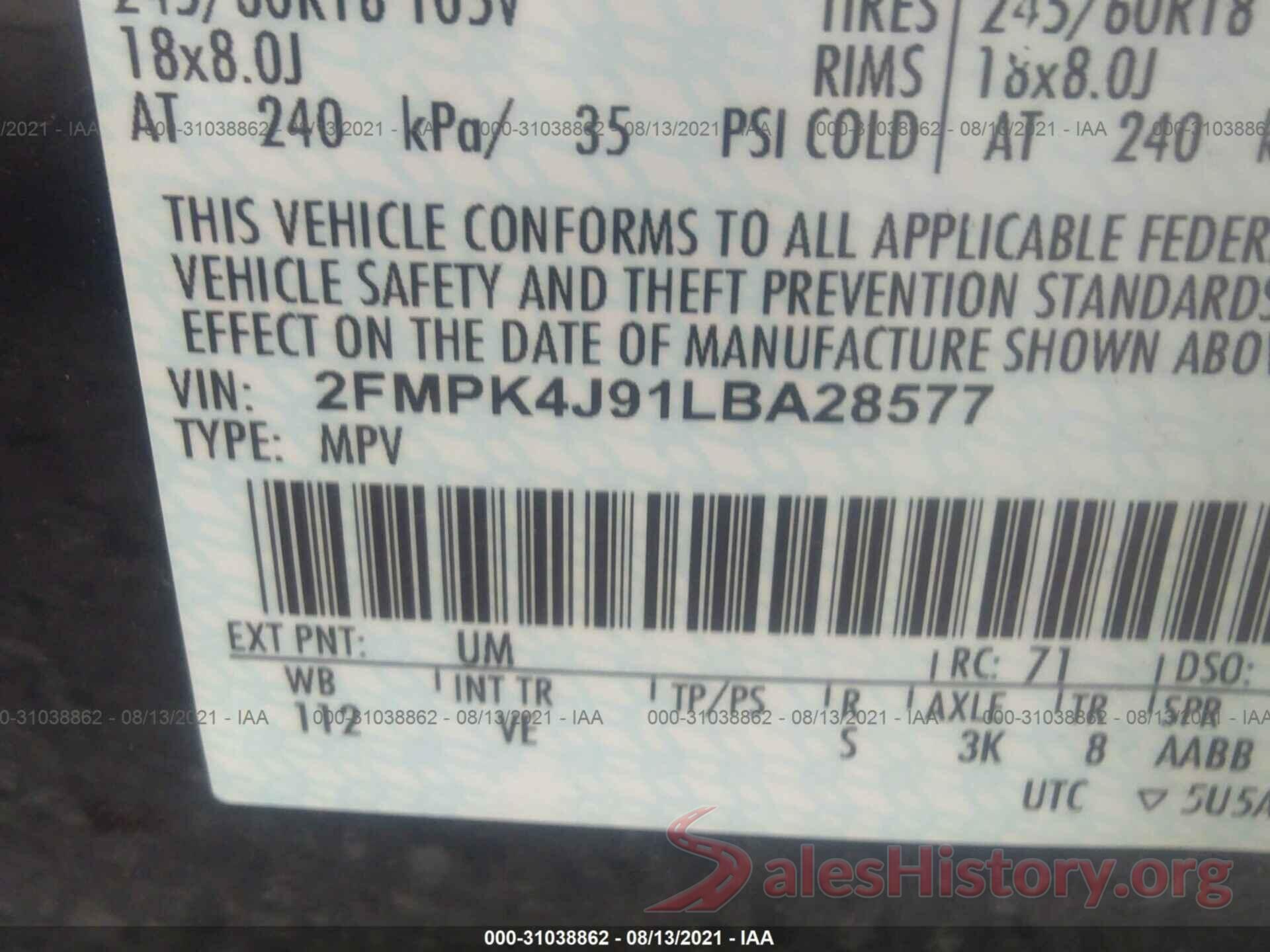 2FMPK4J91LBA28577 2020 FORD EDGE