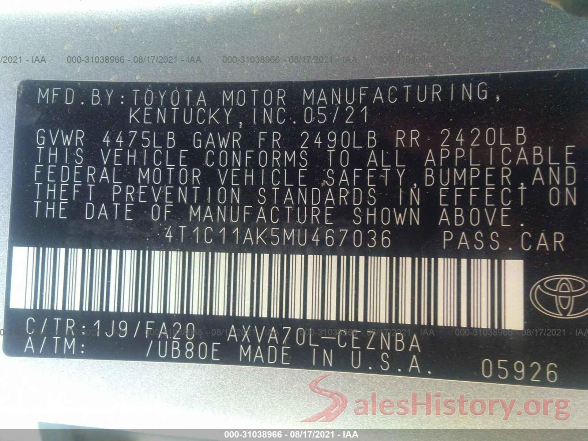 4T1C11AK5MU467036 2021 TOYOTA CAMRY