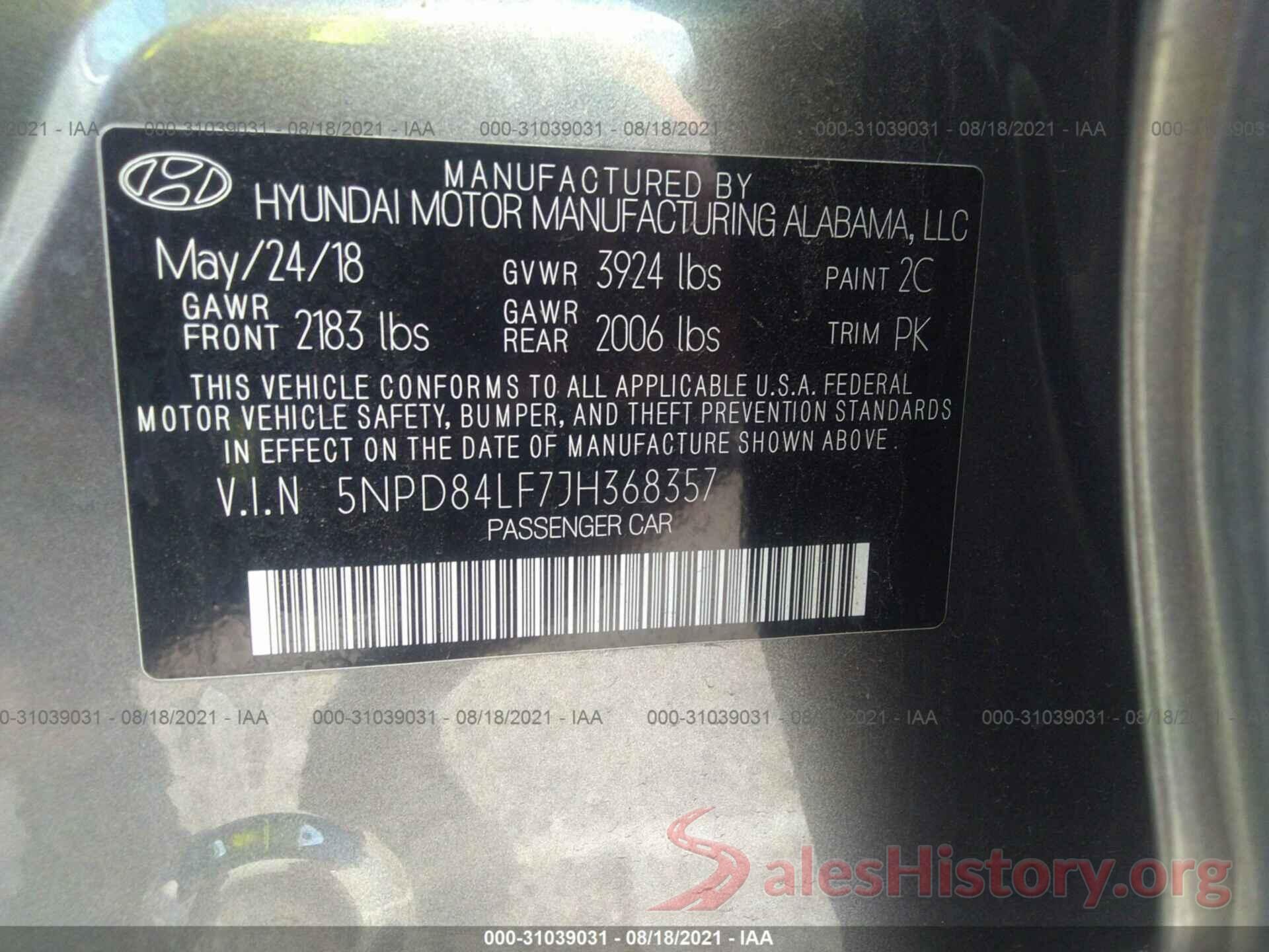 5NPD84LF7JH368357 2018 HYUNDAI ELANTRA