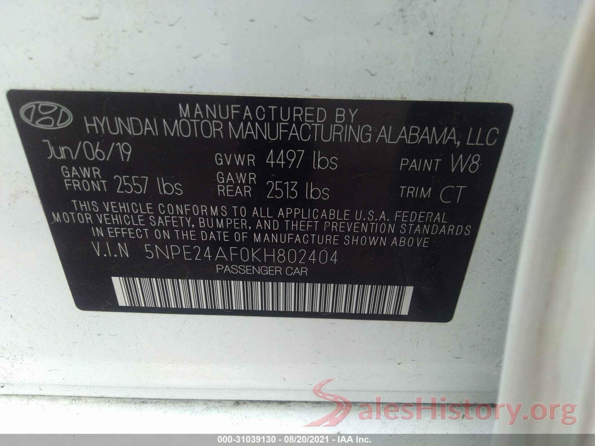 5NPE24AF0KH802404 2019 HYUNDAI SONATA