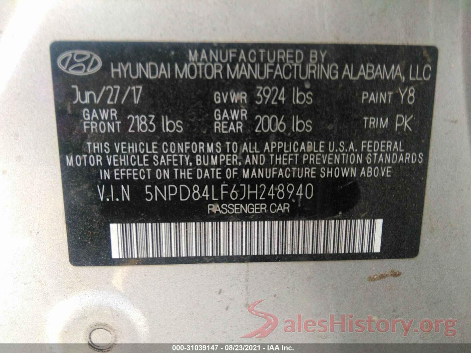 5NPD84LF6JH248940 2018 HYUNDAI ELANTRA