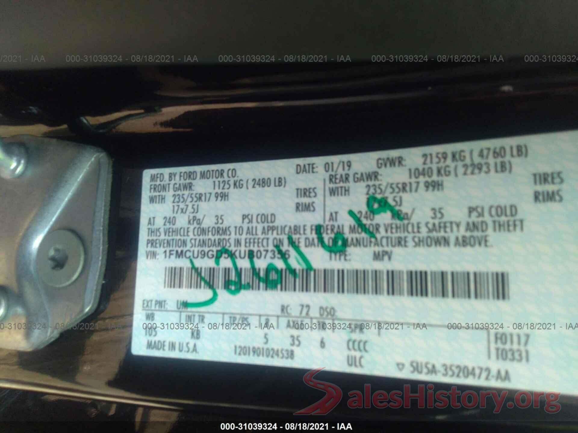 1FMCU9GD5KUB07356 2019 FORD ESCAPE