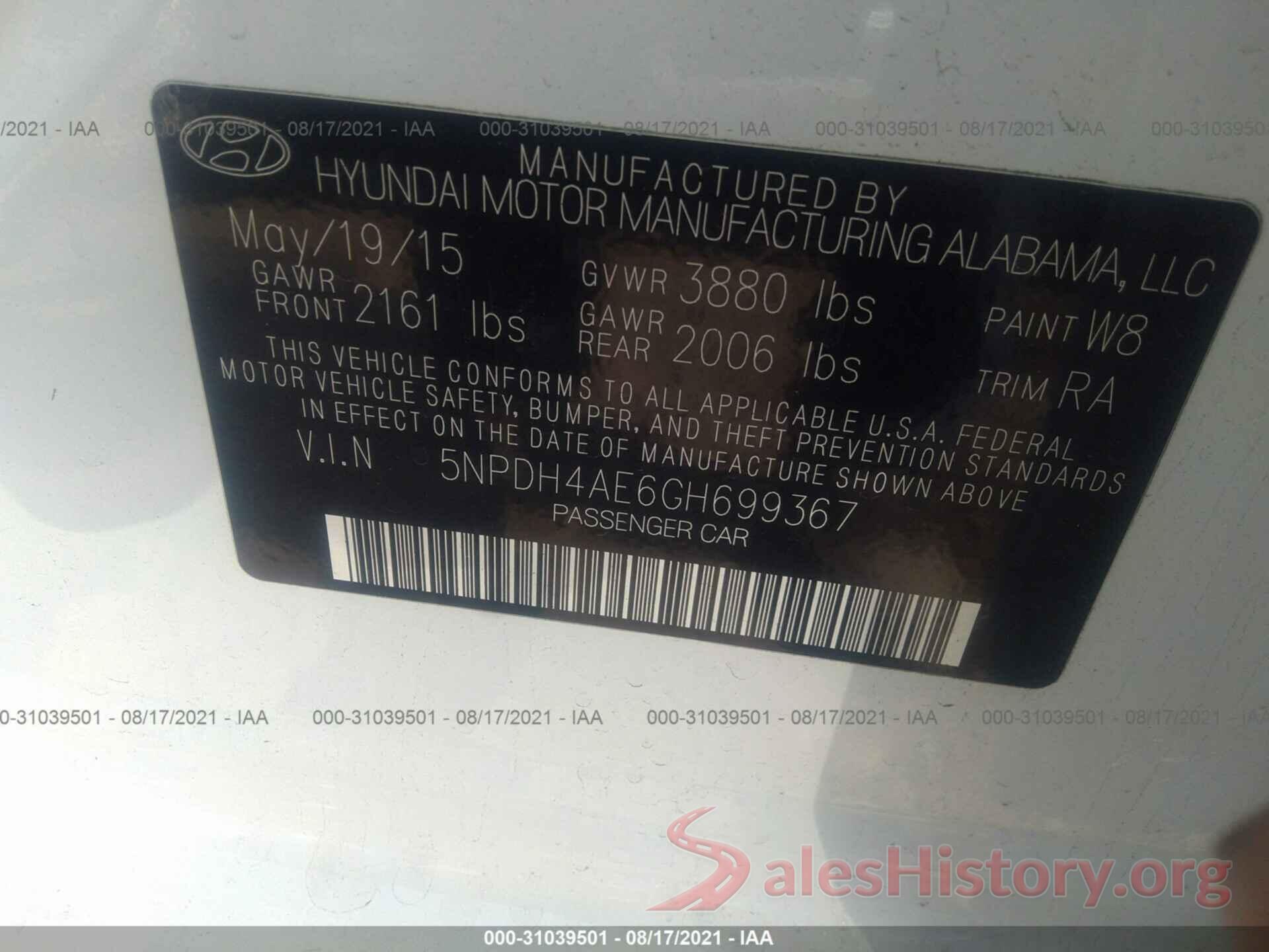 5NPDH4AE6GH699367 2016 HYUNDAI ELANTRA