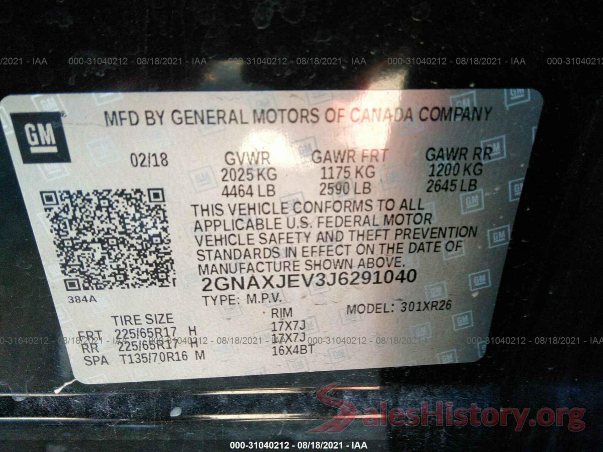 2GNAXJEV3J6291040 2018 CHEVROLET EQUINOX