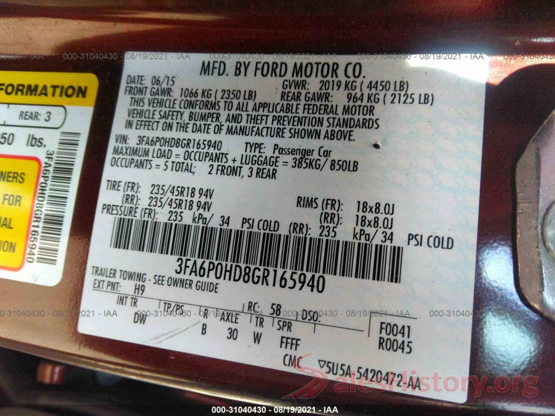 3FA6P0HD8GR165940 2016 FORD FUSION