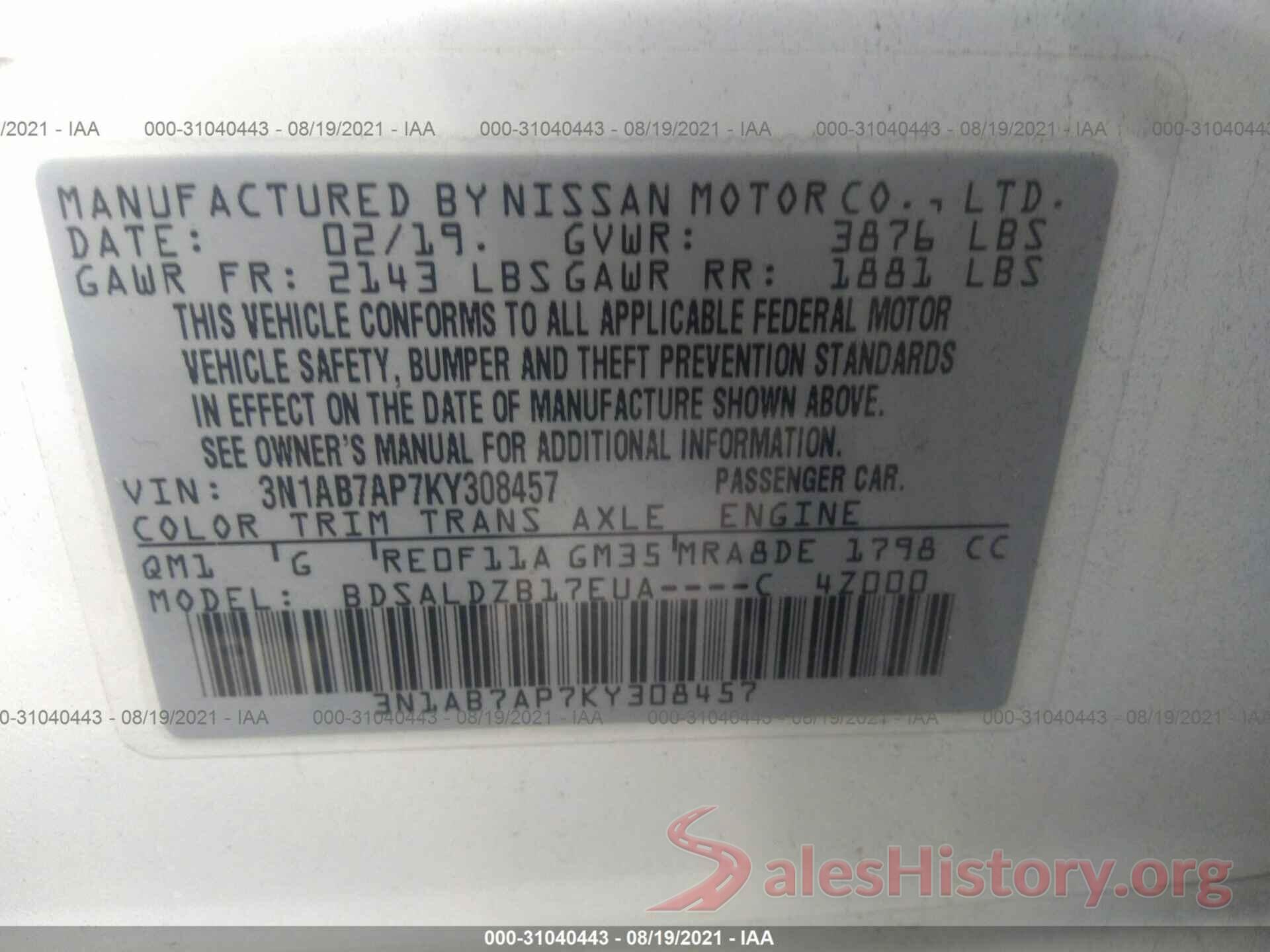 3N1AB7AP7KY308457 2019 NISSAN SENTRA