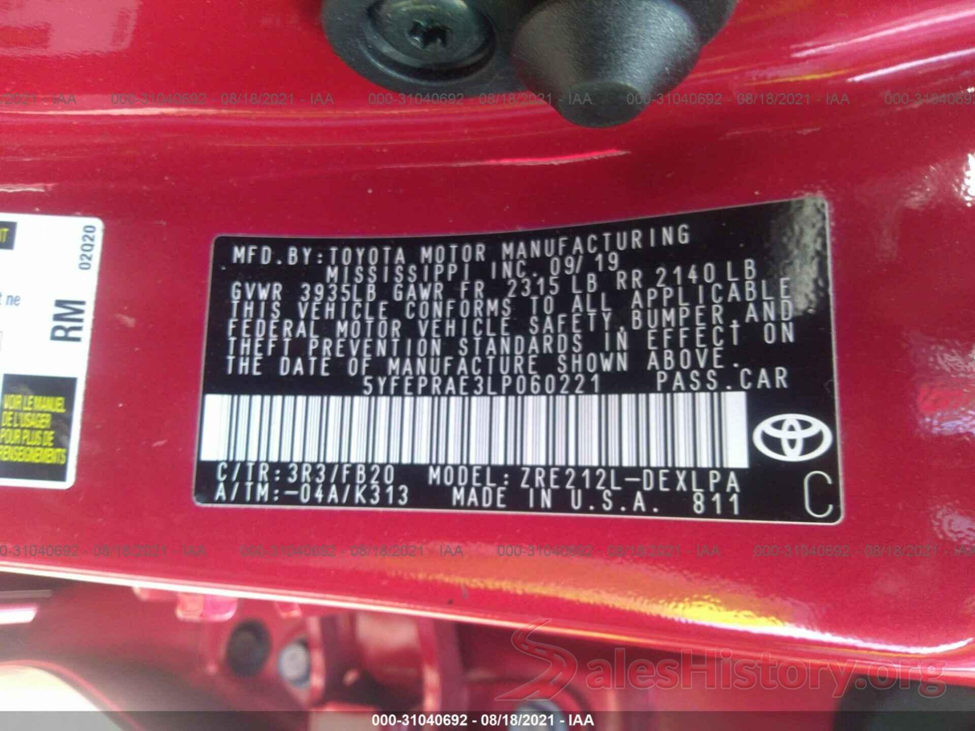 5YFEPRAE3LP060221 2020 TOYOTA COROLLA