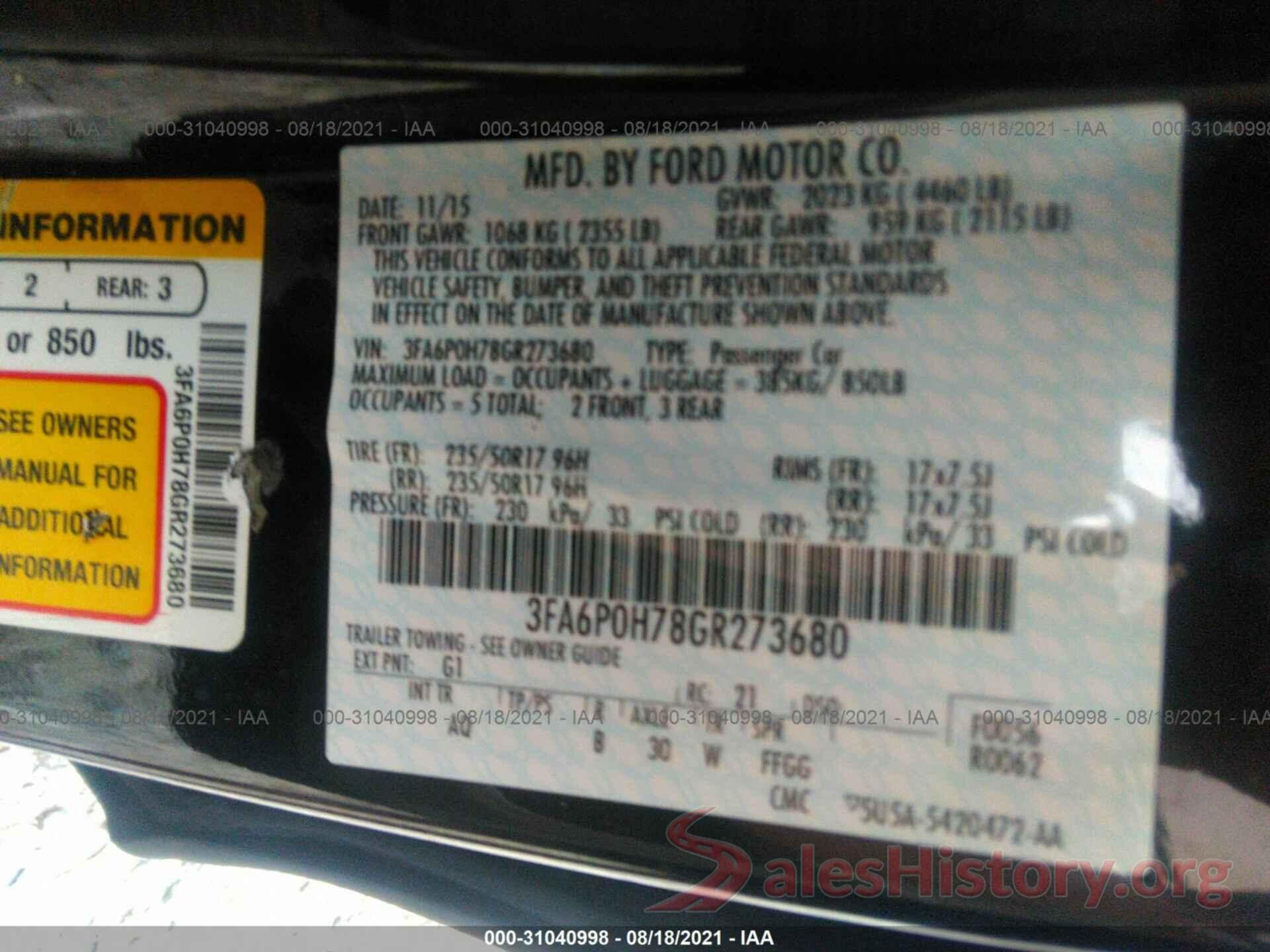 3FA6P0H78GR273680 2016 FORD FUSION