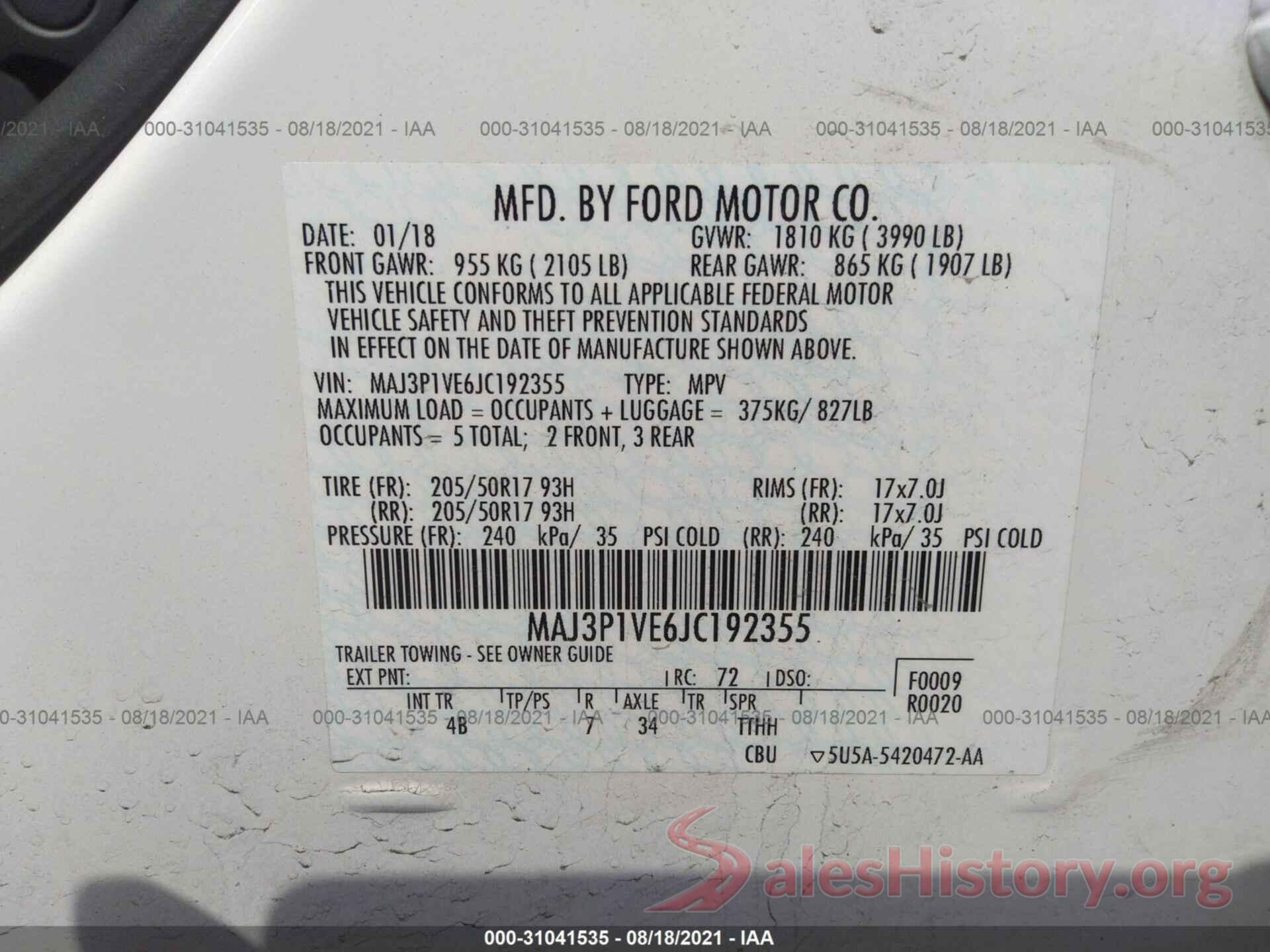 MAJ3P1VE6JC192355 2018 FORD ECOSPORT