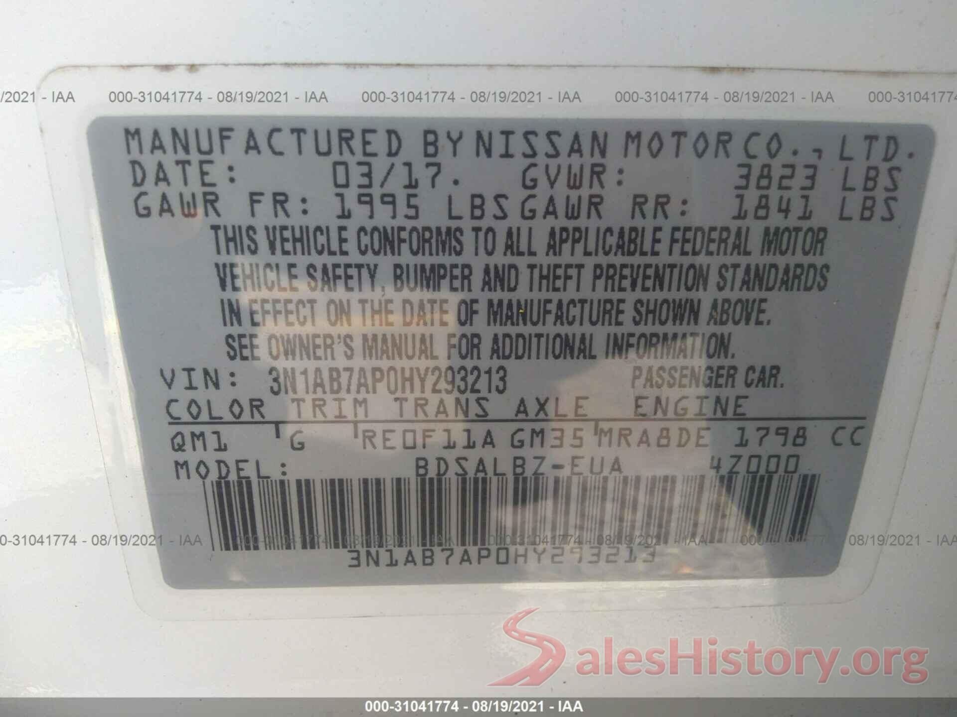 3N1AB7AP0HY293213 2017 NISSAN SENTRA