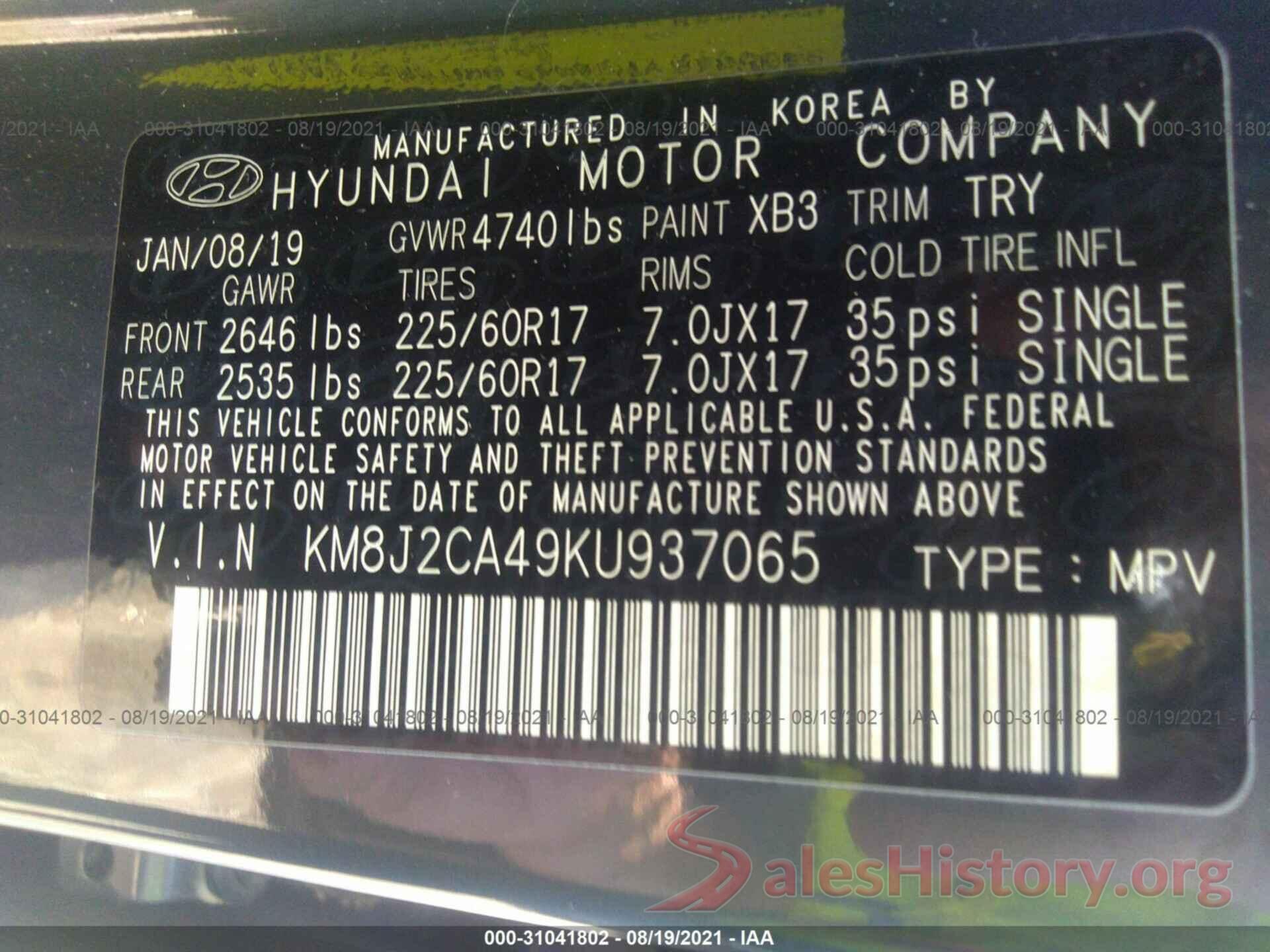 KM8J2CA49KU937065 2019 HYUNDAI TUCSON