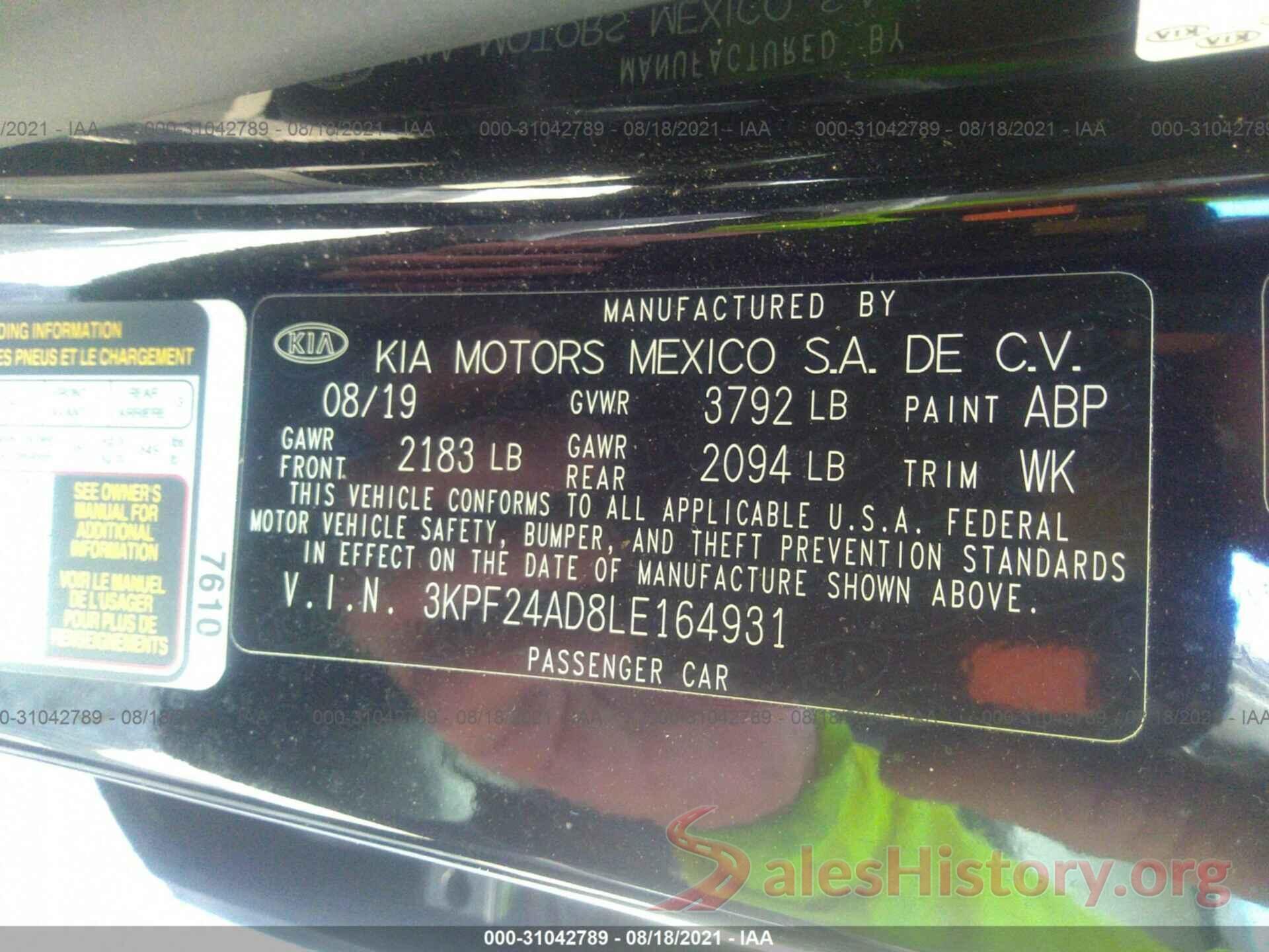 3KPF24AD8LE164931 2020 KIA FORTE