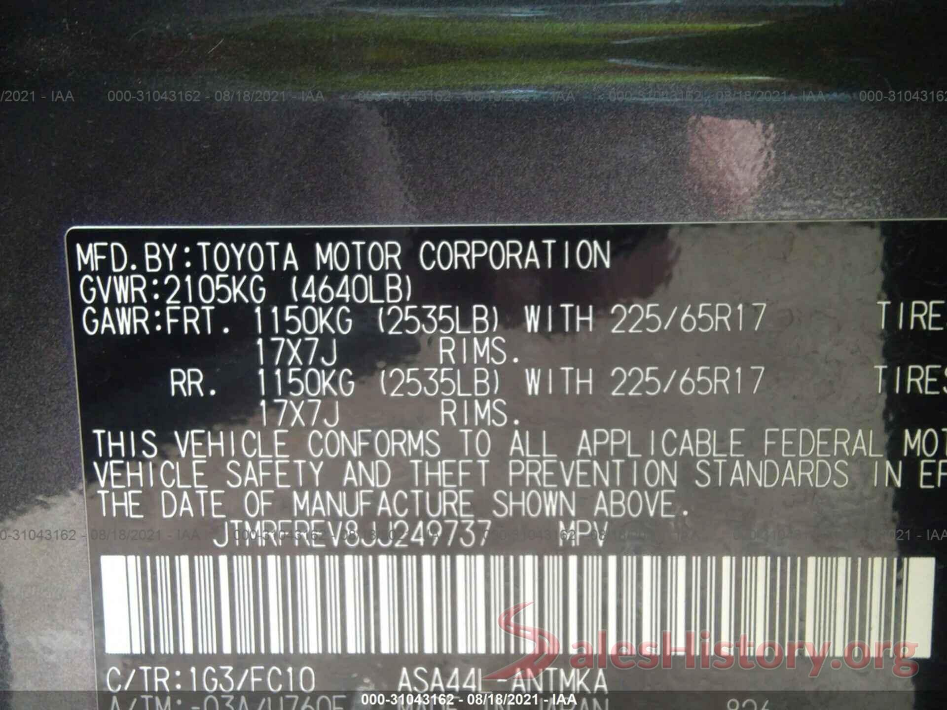 JTMRFREV8JJ249737 2018 TOYOTA RAV4