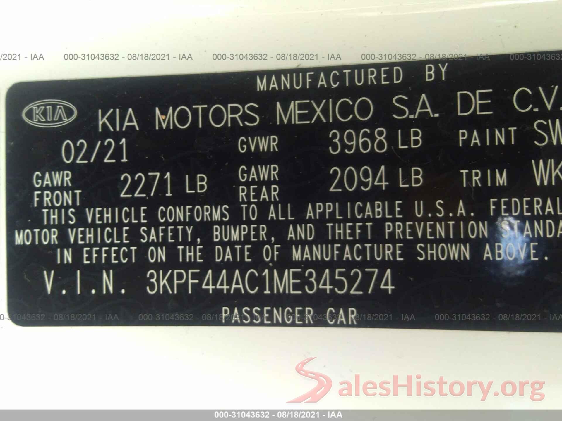 3KPF44AC1ME345274 2021 KIA FORTE