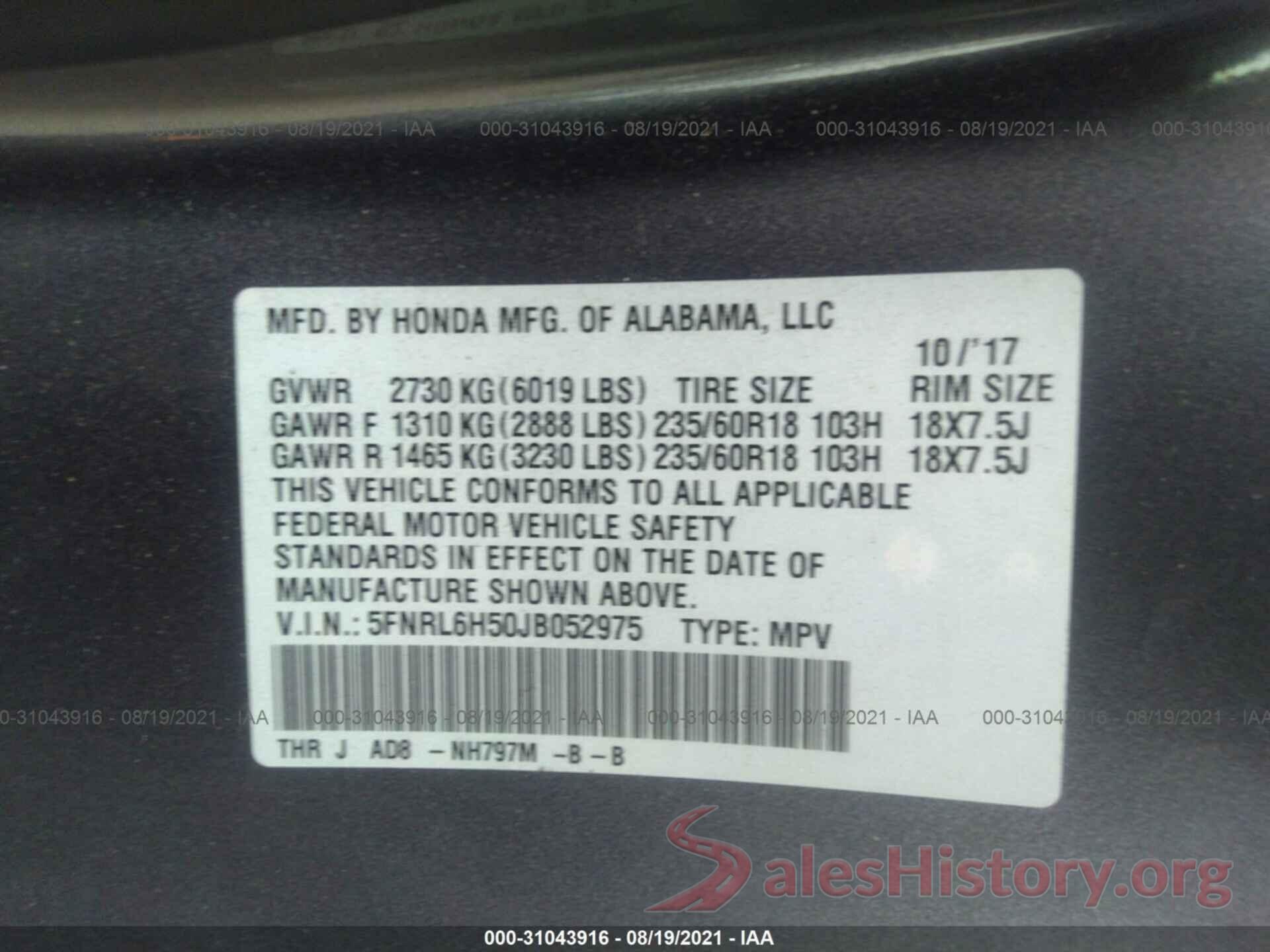 5FNRL6H50JB052975 2018 HONDA ODYSSEY