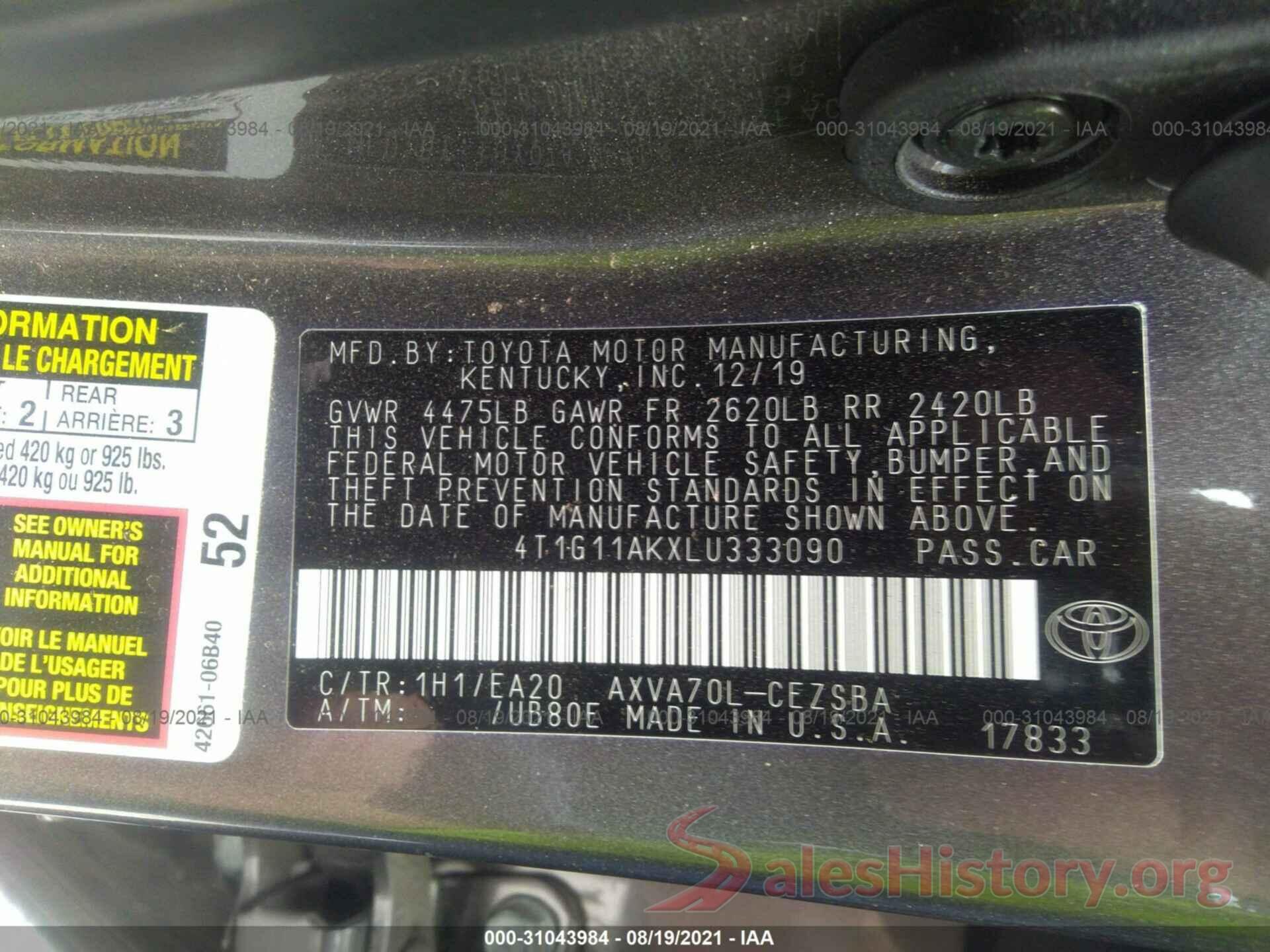 4T1G11AKXLU333090 2020 TOYOTA CAMRY