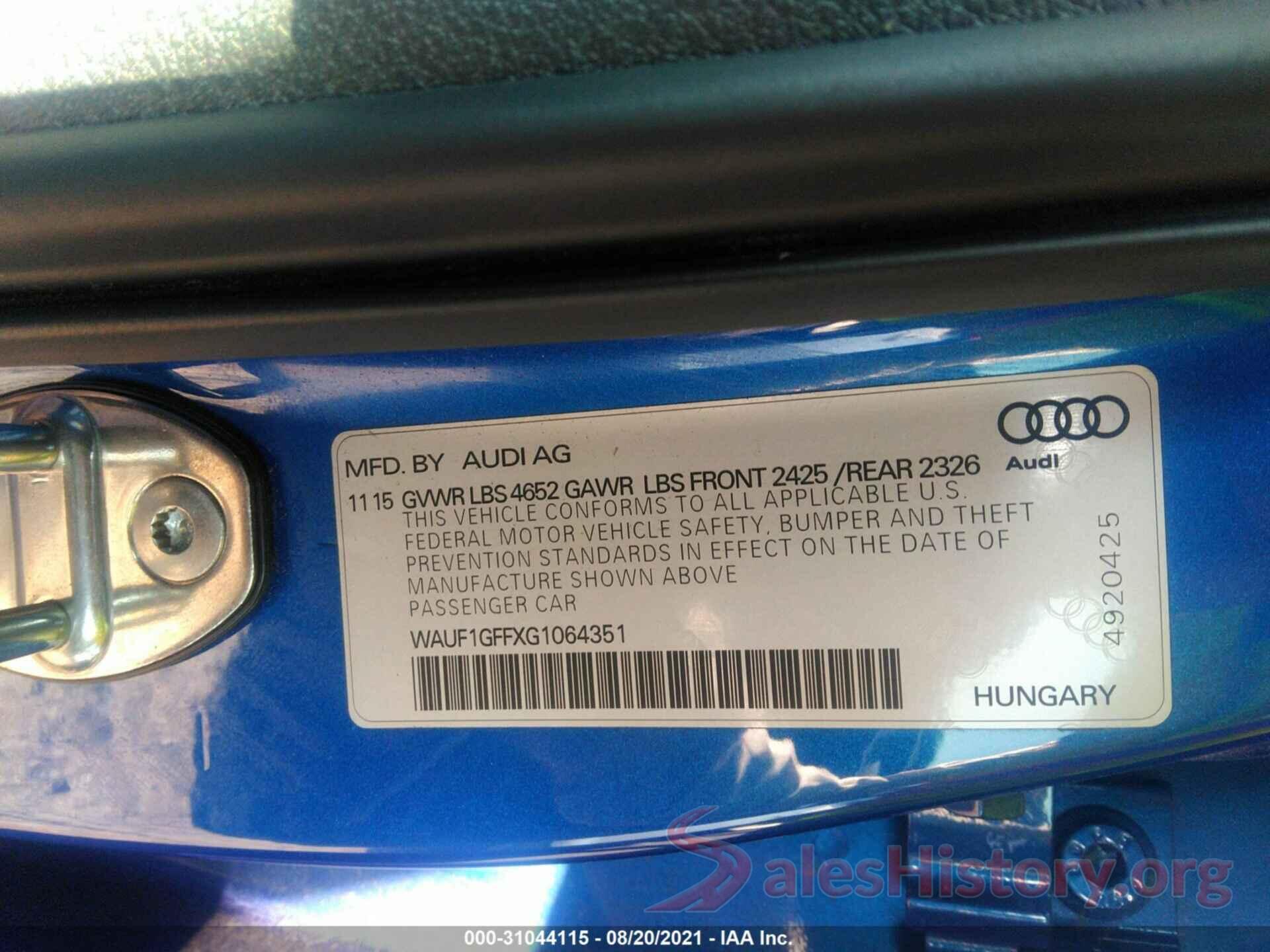 WAUF1GFFXG1064351 2016 AUDI S3