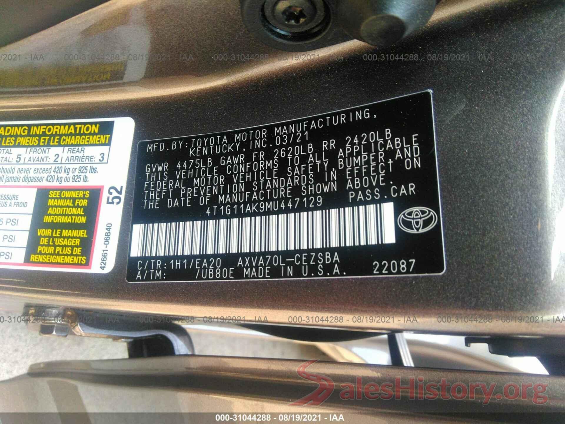 4T1G11AK9MU447129 2021 TOYOTA CAMRY