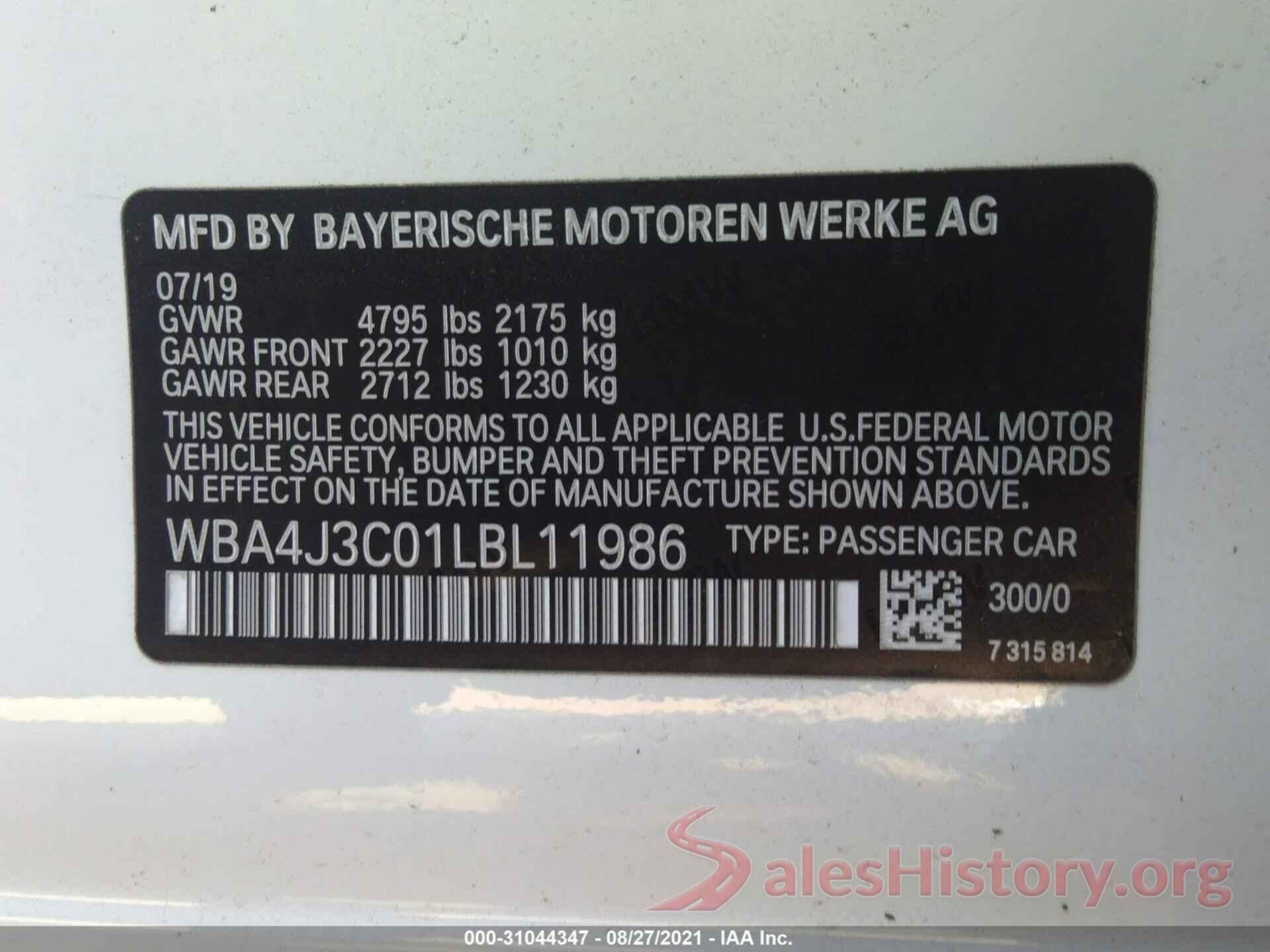 WBA4J3C01LBL11986 2020 BMW 4 SERIES