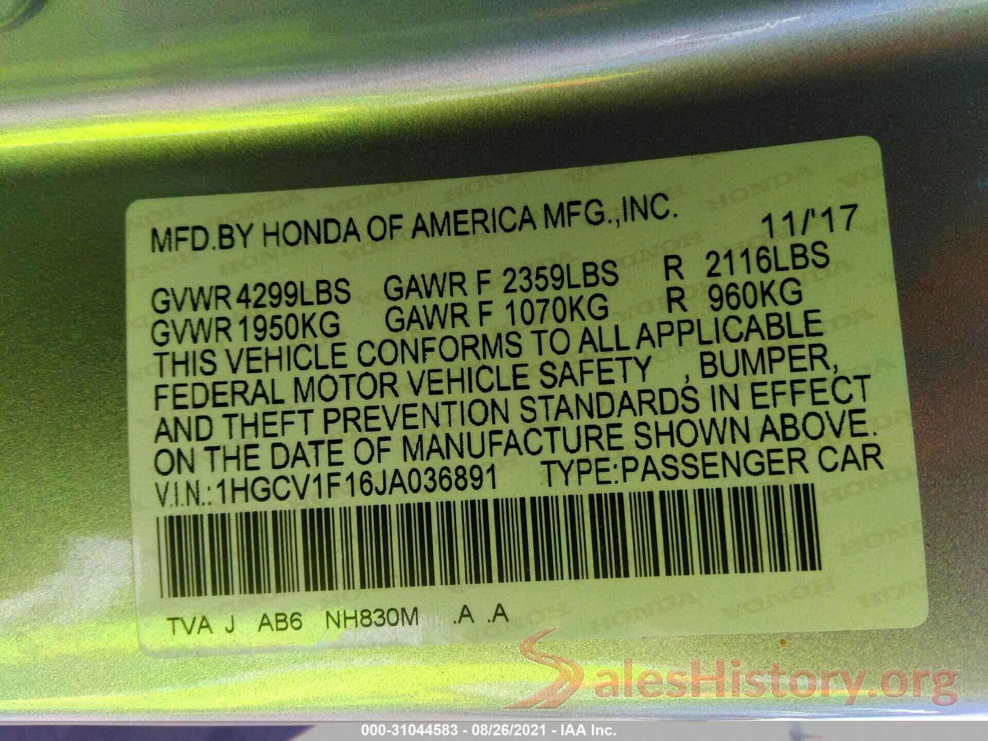 1HGCV1F16JA036891 2018 HONDA ACCORD SEDAN