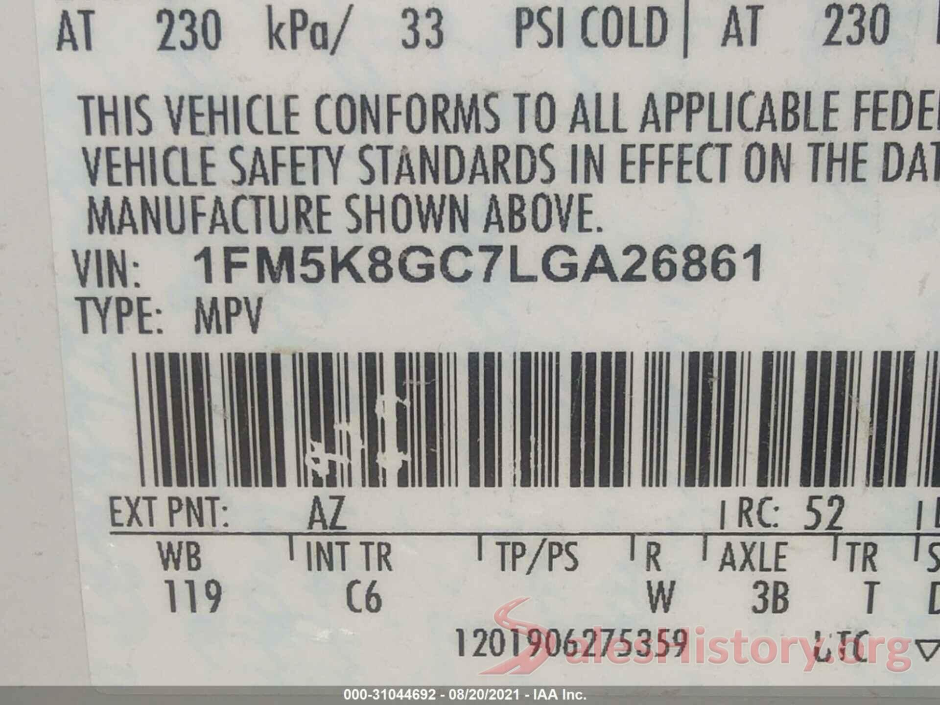 1FM5K8GC7LGA26861 2020 FORD EXPLORER