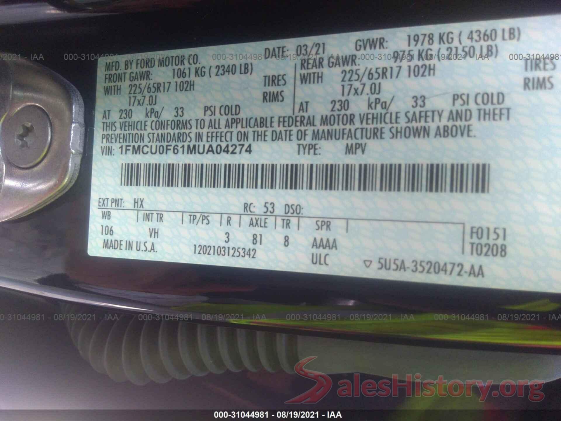 1FMCU0F61MUA04274 2021 FORD ESCAPE