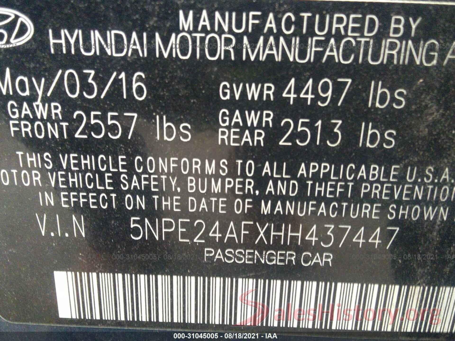 5NPE24AFXHH437447 2017 HYUNDAI SONATA