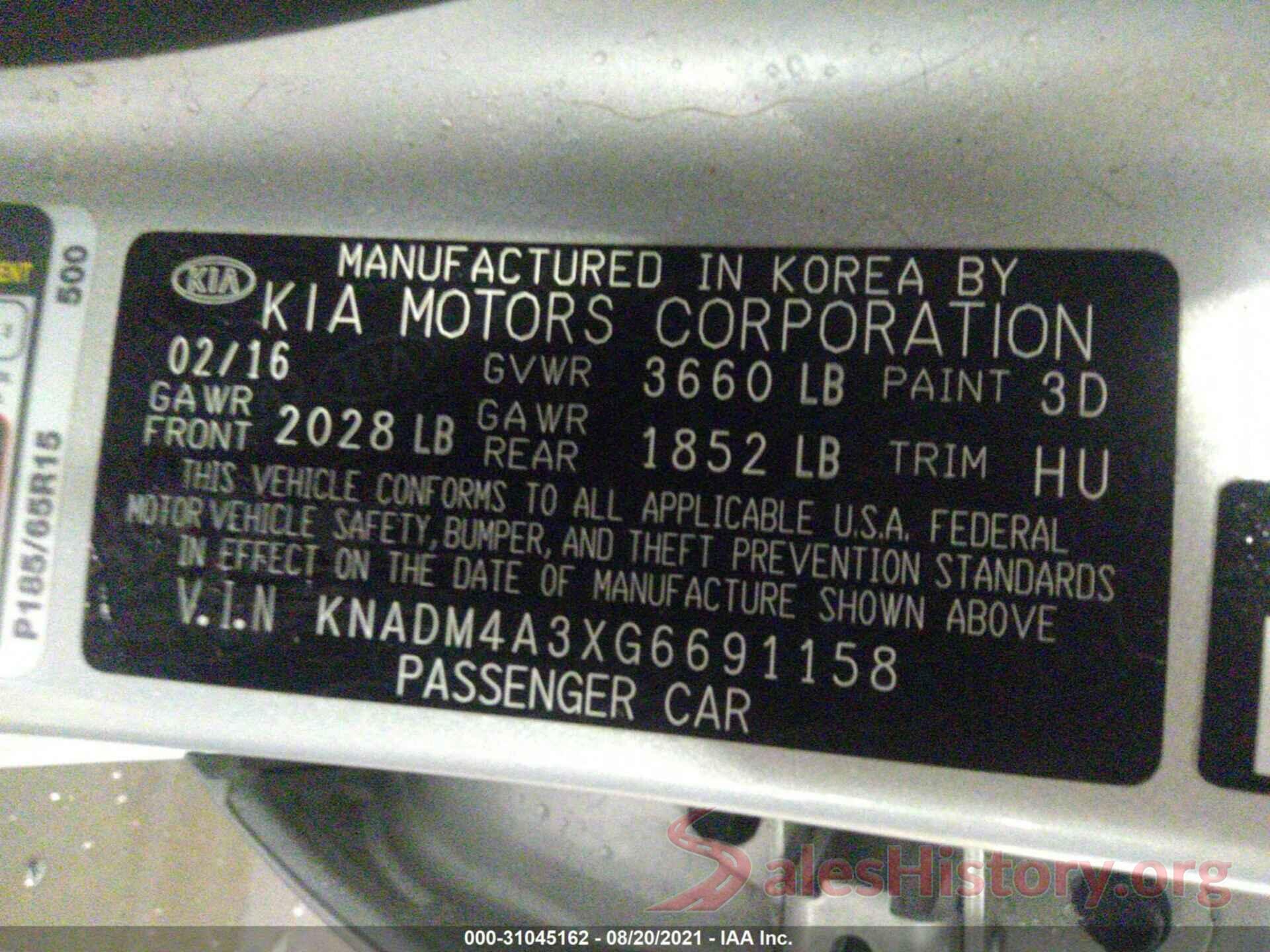 KNADM4A3XG6691158 2016 KIA RIO