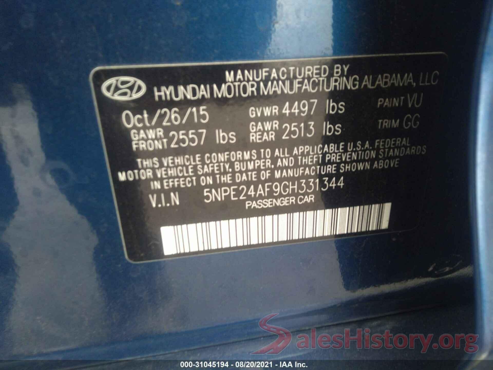 5NPE24AF9GH331344 2016 HYUNDAI SONATA