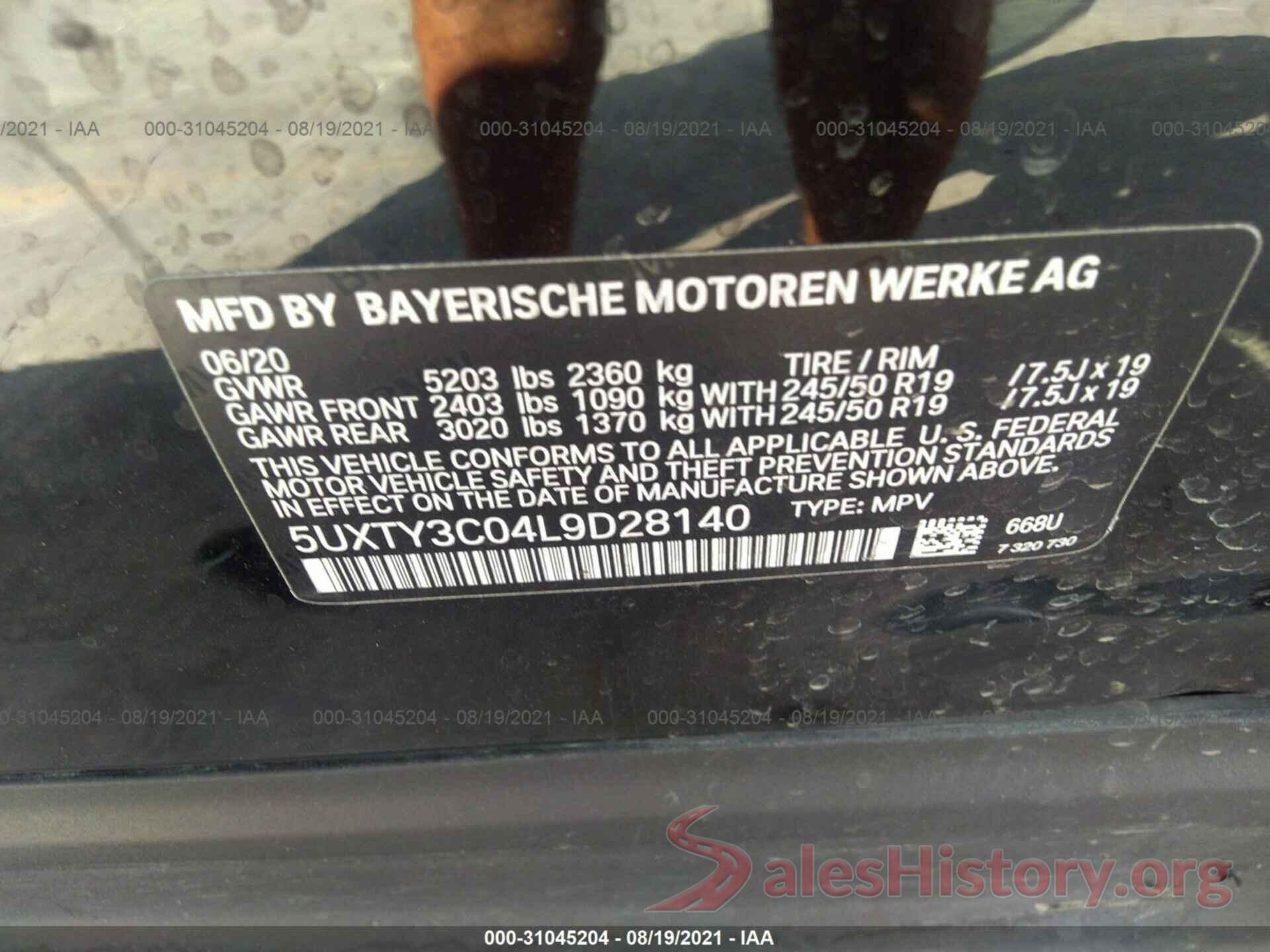 5UXTY3C04L9D28140 2020 BMW X3