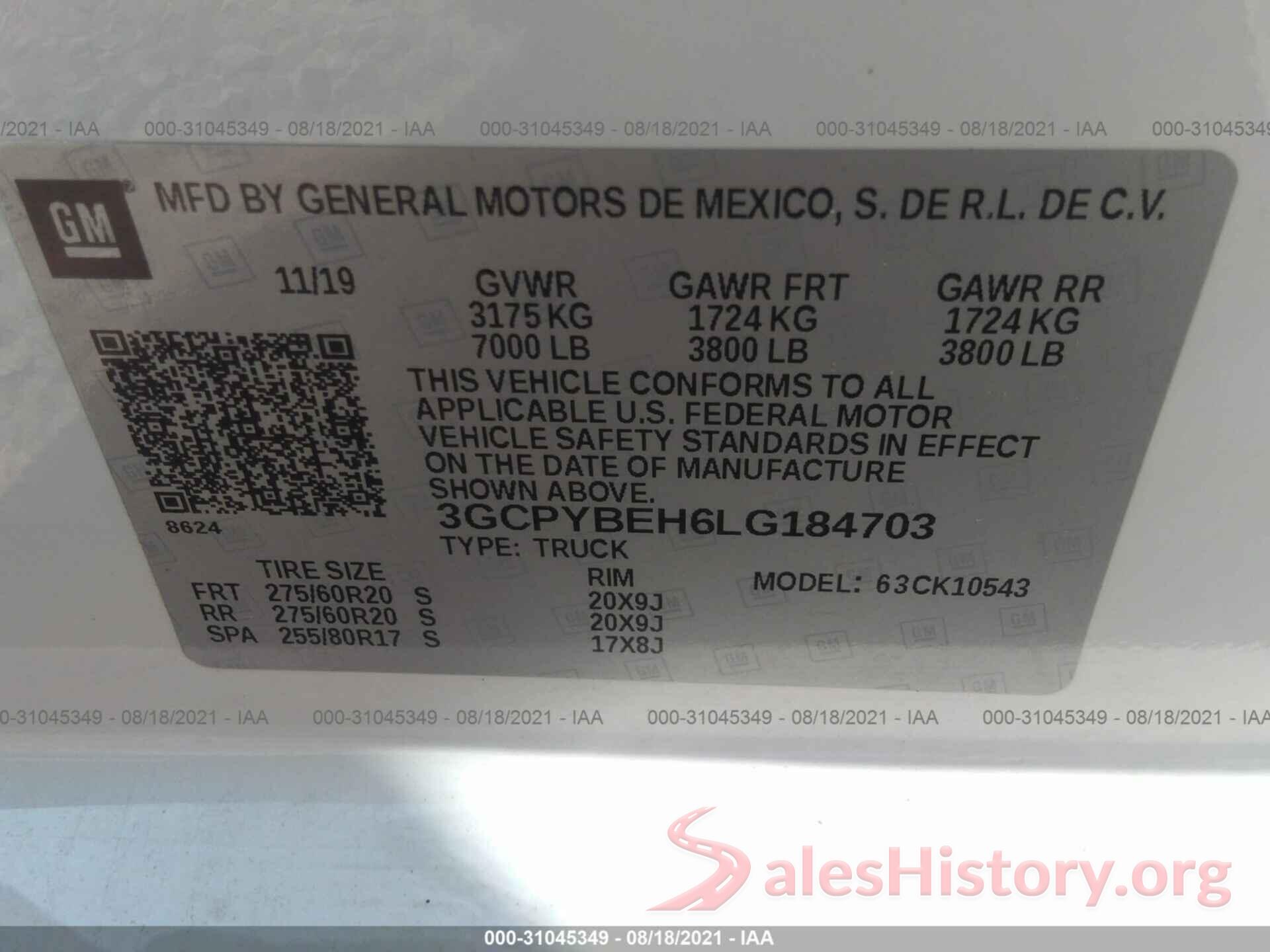 3GCPYBEH6LG184703 2020 CHEVROLET SILVERADO 1500