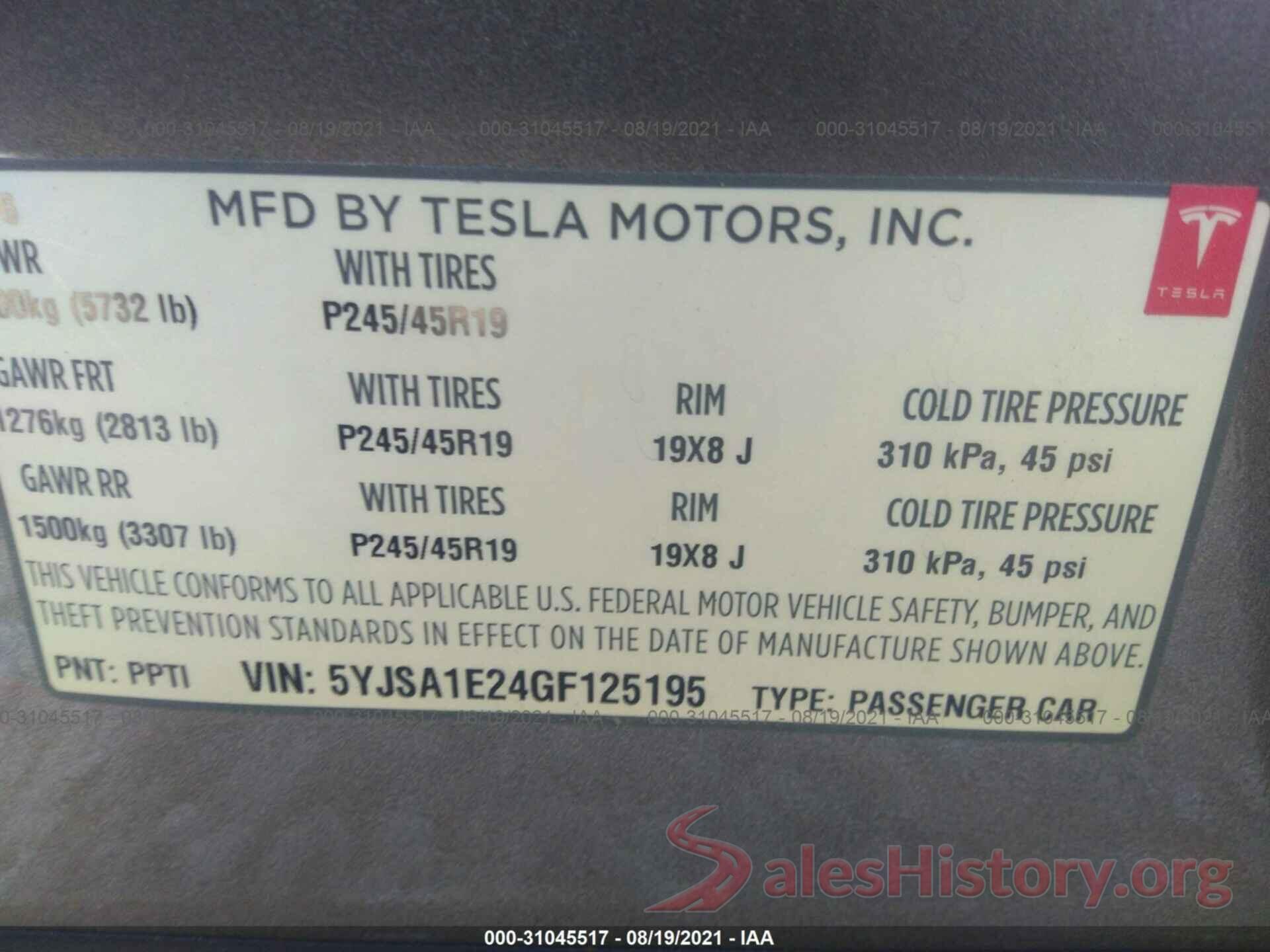 5YJSA1E24GF125195 2016 TESLA MODEL S