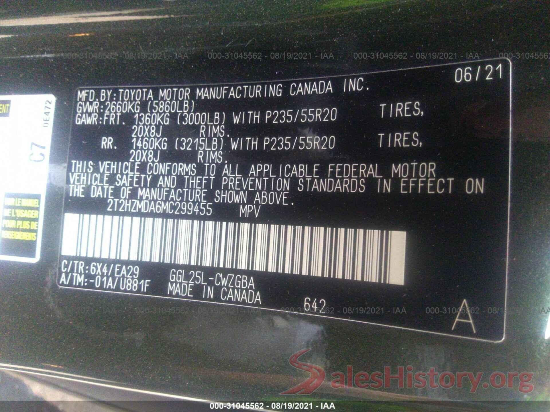 2T2HZMDA6MC299455 2021 LEXUS RX