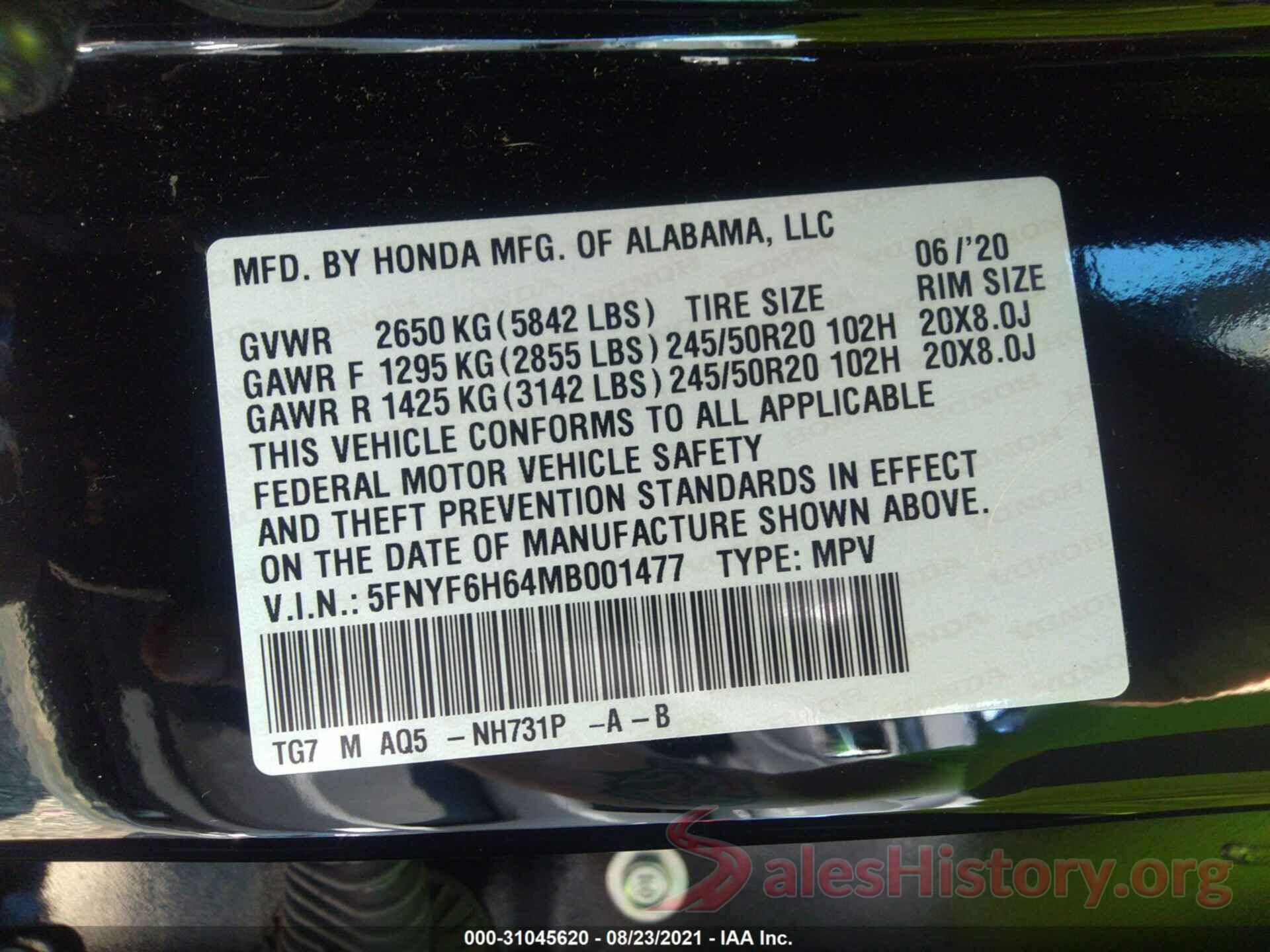 5FNYF6H64MB001477 2021 HONDA PILOT