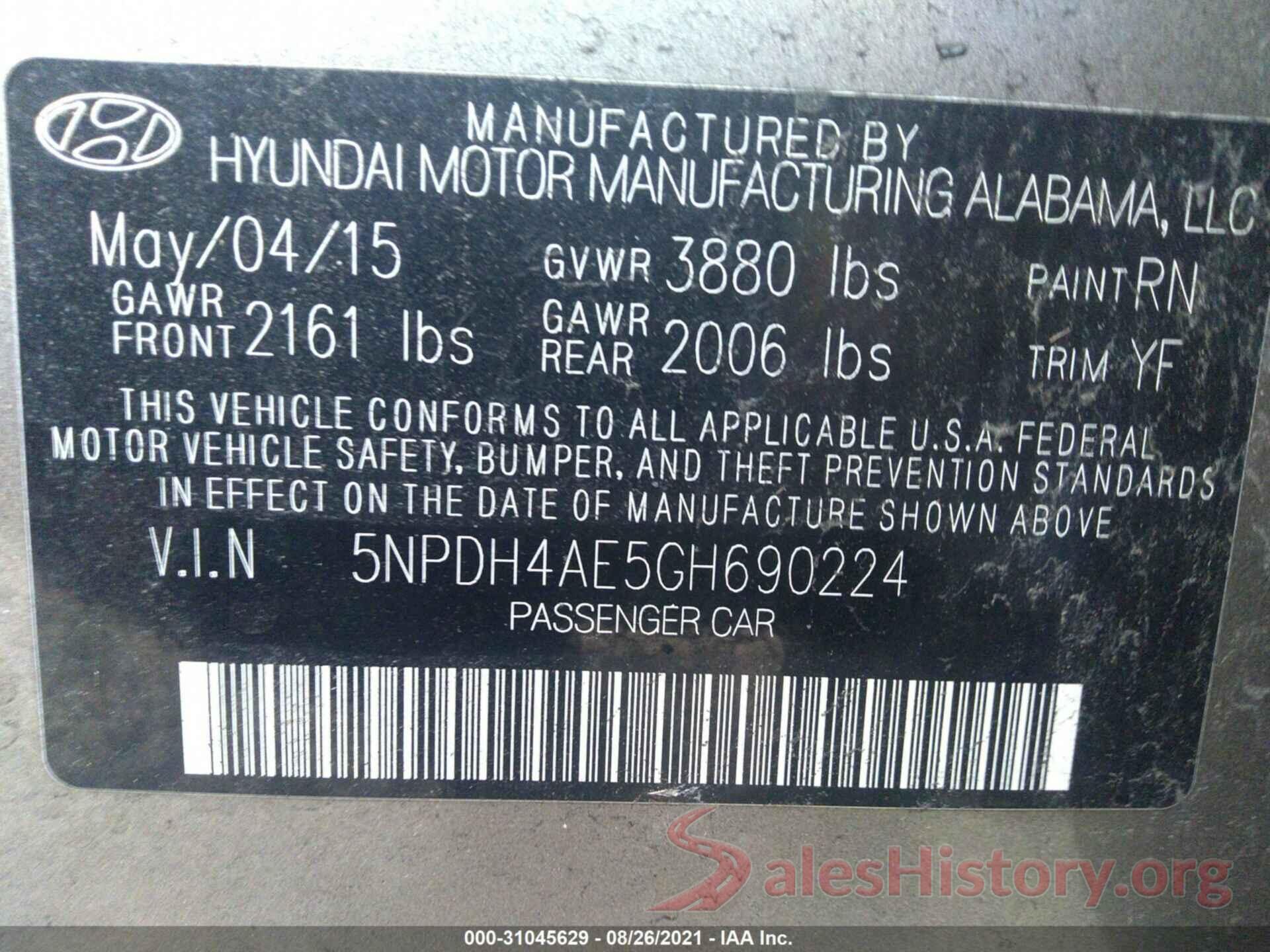 5NPDH4AE5GH690224 2016 HYUNDAI ELANTRA