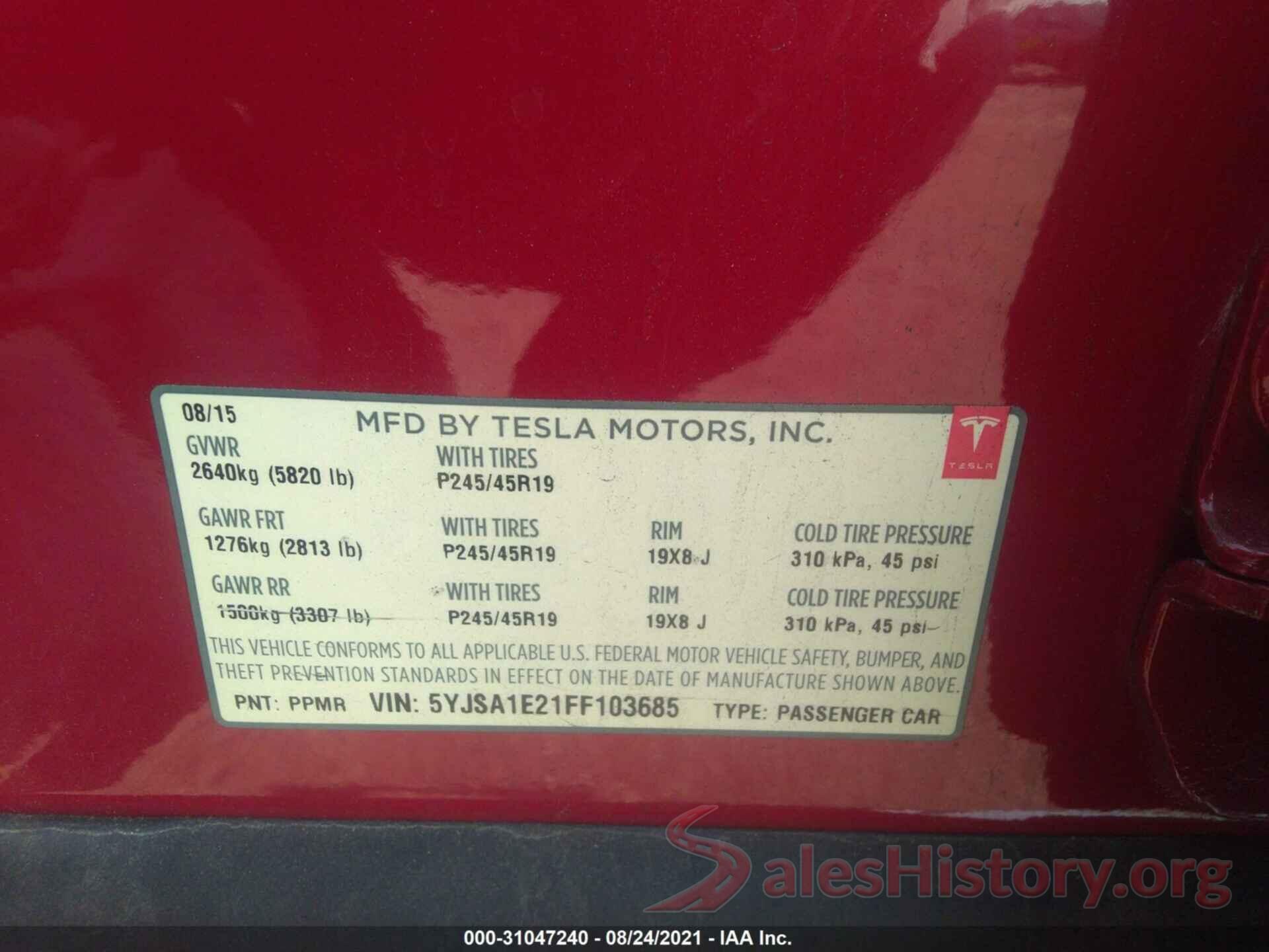 5YJSA1E21FF103685 2015 TESLA MODEL S