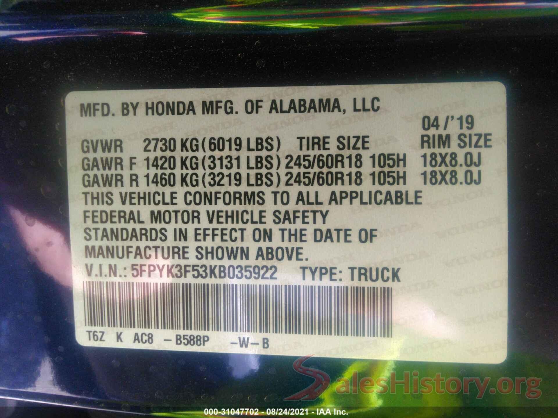 5FPYK3F53KB035922 2019 HONDA RIDGELINE