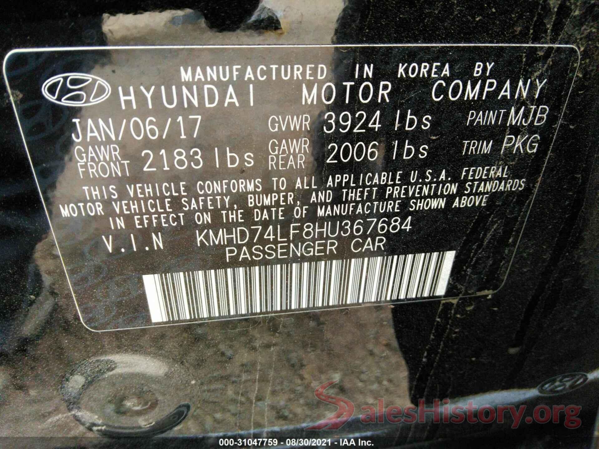 KMHD74LF8HU367684 2017 HYUNDAI ELANTRA